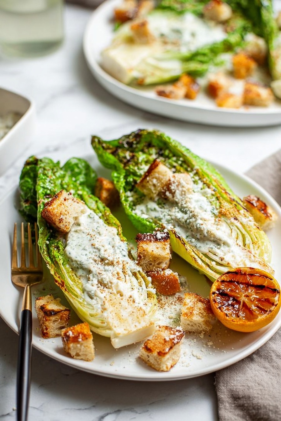 A white bowl filled with a single large romaine lettuce cut in half, charred and grilled with dark brown marks on the green edges and light green inner leaves, topped with toasted croutons that are golden brown with some blackened spots, sprinkled with finely grated pale parmesan cheese, while a creamy beige dressing with small pepper flakes is being poured slowly over the center from above. The background is a white marbled surface with a blurred wooden object in the back. Photo taken with an iphone --ar 2:3 --v 7