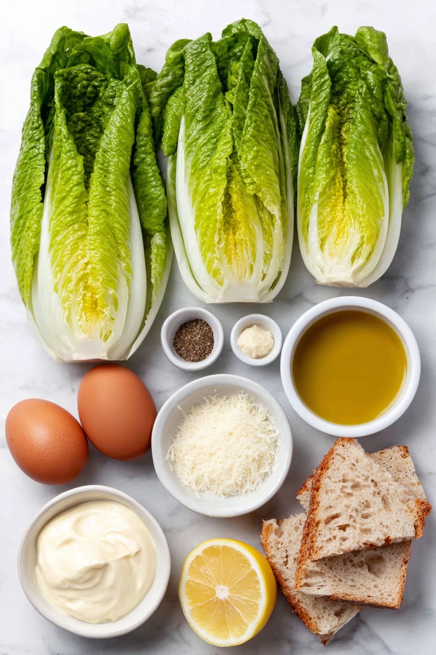 Flat lay of four fresh romaine hearts sliced lengthwise, two whole bright yellow lemons cut in half, a small white ceramic bowl of creamy pale mayonnaise, a small white bowl filled with smooth, golden olive oil, one whole uncracked brown egg, a few thin slices of crusty white bread torn into bite-sized pieces, a small white bowl of finely grated Parmesan cheese, a small white bowl with whole garlic cloves beside a garlic bulb, a small white bowl holding a dollop of Dijon mustard, a small white bowl containing anchovy paste, a small white bowl with freshly ground black pepper, a small white bowl with kosher salt, a small white bowl with a small amount of liquid smoke, a small white bowl with Worcestershire sauce, a half lemon with bright yellow zest and fresh lemon juice arranged neatly—placed on a clean white marble surface, soft natural light, photo taken with an iPhone, professional food photography style, fresh ingredients, white ceramic bowls, no bottles, no duplicates, no utensils, no packaging --ar 2:3 --v 7 --p m7354615311229779997