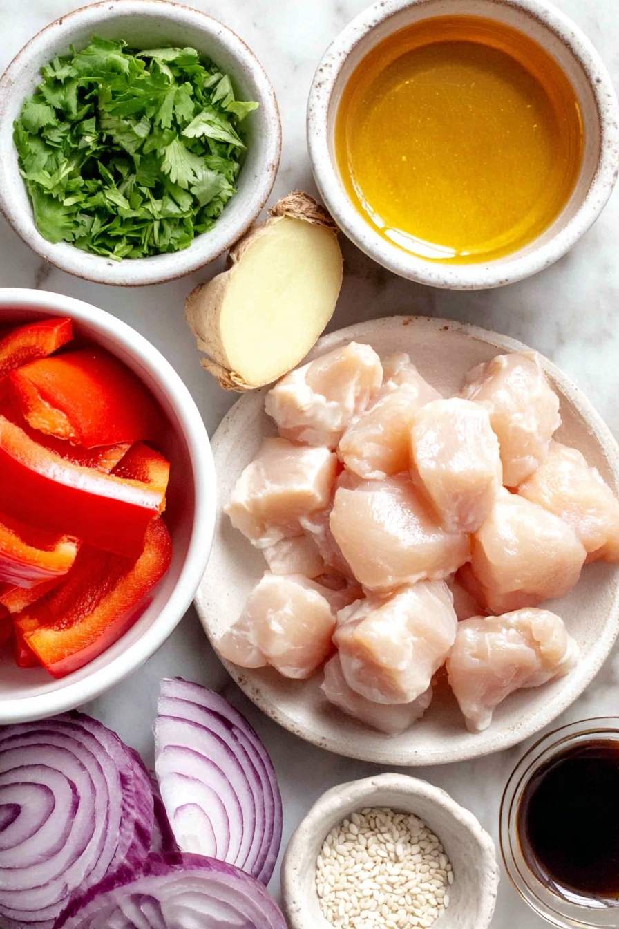 Flat lay of two raw chicken breasts chopped into bite-sized pieces, a whole fresh red bell pepper cut into large chunks, a peeled onion sliced into squares, two peeled garlic cloves, a small piece of fresh ginger root sliced, a small bunch of bright green coriander leaves roughly torn, a small white ceramic bowl filled with golden honey, a small white ceramic bowl with dark soy sauce, a small white ceramic bowl holding amber vegetable oil, a small white ceramic bowl containing sesame oil, and a small white ceramic bowl with white sesame seeds, all arranged in perfect symmetry on a clean white marble surface, soft natural light, photo taken with an iPhone, professional food photography style, fresh ingredients, white ceramic bowls, no bottles, no duplicates, no utensils, no packaging --ar 2:3 --v 7 --p m7354615311229779997
