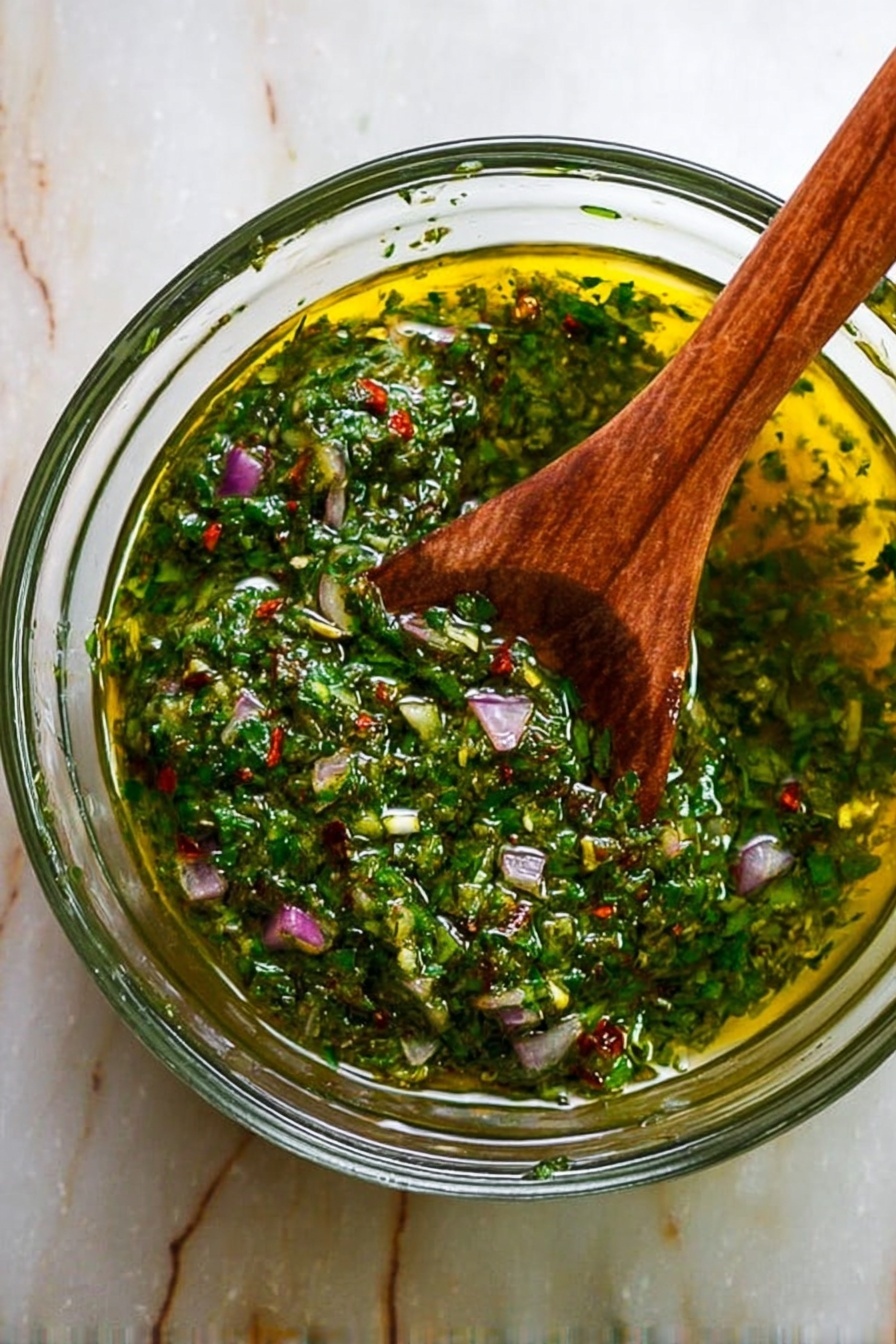 The dish shows thin slices of grilled steak arranged in one layer on a large white plate. The steak slices have a brown outer edge with pink in the middle, showing a juicy texture. On top of the steak, there is a thick green sauce with visible bits of herbs and small red chili flakes running across the middle. Next to the steak, on the right side of the plate, there is a small wooden bowl filled with more of the same green sauce. A white spoon rests inside the bowl with sauce on it. The plate is set on a white marbled surface. photo taken with an iphone --ar 2:3 --v 7