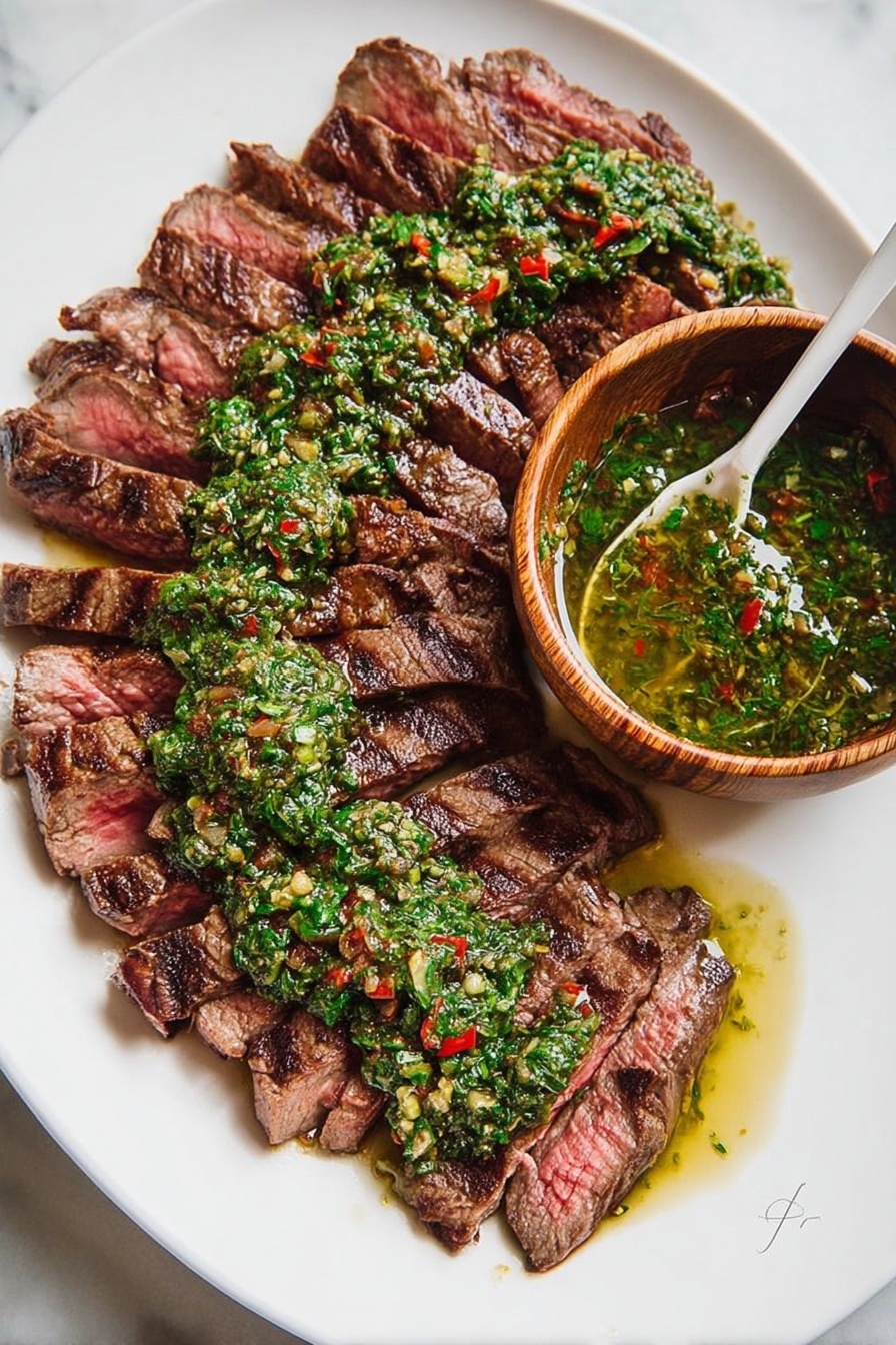 The image shows a clear glass bowl filled with a green herb sauce that has a coarse texture. The sauce includes small pieces of red onion and red chili flakes mixed throughout, sitting in a layer of yellow oil that shines on top. A wooden spoon rests inside the bowl, partially covered by the sauce, with its handle extending outwards over the bowl’s edge. The bowl is placed on a white marbled surface with a subtle pattern. photo taken with an iphone --ar 2:3 --v 7