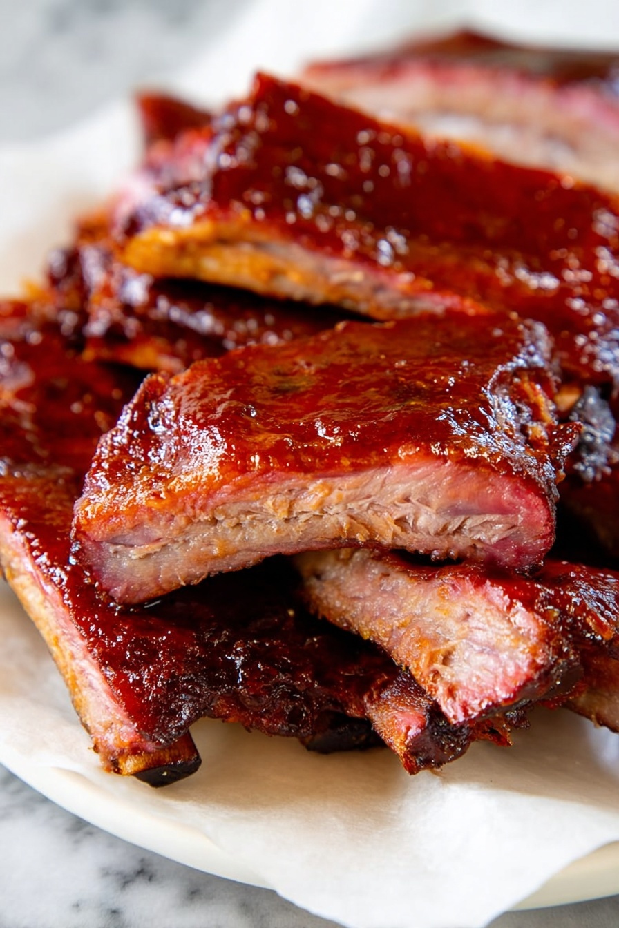 The image shows several pieces of ribs stacked closely together on a white plate lined with parchment paper. Each rib piece has a rich, dark reddish-brown color with a shiny, sticky sauce coating on the outside. The meat is tender and juicy with a slight pink smoke ring visible near the edges. The texture looks soft but firm enough to hold its shape, and the ribs are arranged casually, some pieces overlapping each other. The plate sits on a white marbled surface. Photo taken with an iphone --ar 2:3 --v 7