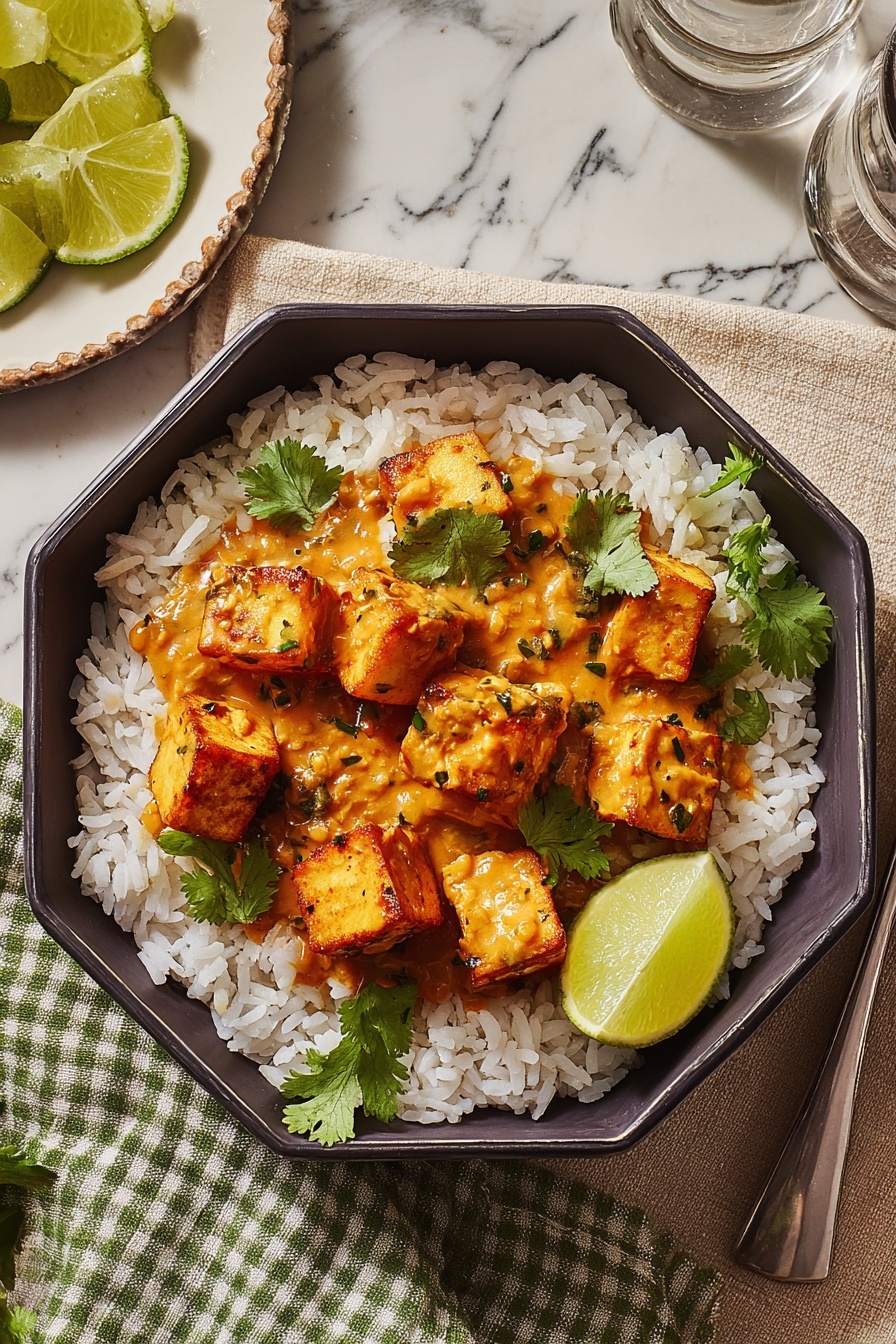 The image shows a clear glass meal prep container filled with golden brown crispy tofu cubes covered in a shiny, thick peanut sauce. The tofu pieces are placed closely together in one layer inside the container. Bright green sliced scallions are scattered on top, adding contrast to the rich reddish-brown tofu and sauce. The container lid is open and partially covering the top left corner. This is all set on a white marbled surface with soft natural light highlighting the glossy texture of the sauce. photo taken with an iphone --ar 2:3 --v 7