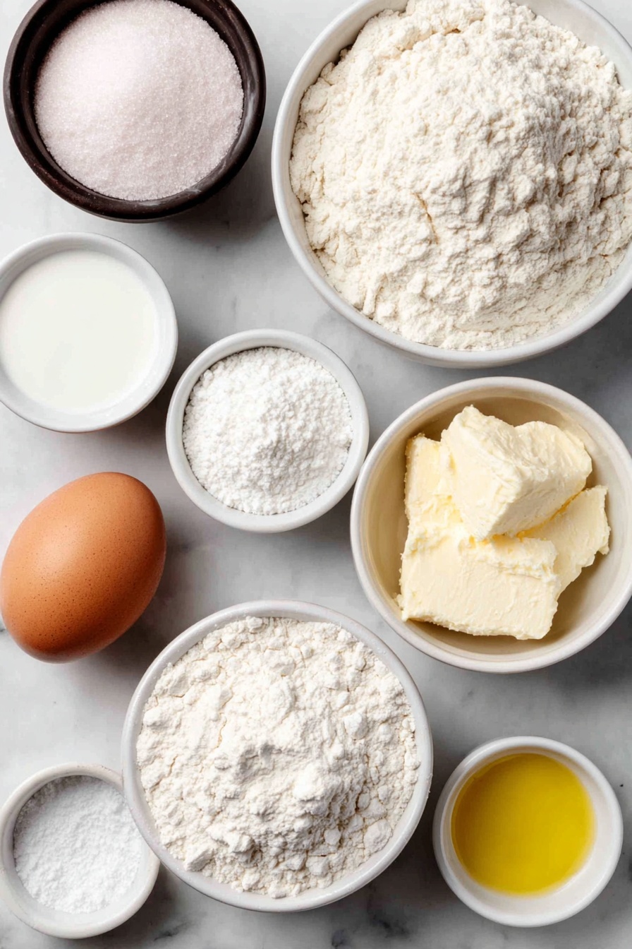 Flat lay of a small white ceramic bowl of lukewarm water, a small white ceramic bowl with active dry yeast granules, a small white ceramic bowl of granulated sugar, one large whole uncracked brown egg, a small white ceramic bowl of milk, a small white ceramic bowl filled with all-purpose flour, a small white ceramic bowl with coarse salt, a small white ceramic bowl holding softened unsalted butter, a small white ceramic bowl of vegetable oil, and a small white ceramic bowl sprinkled with powdered sugar, all arranged in perfect symmetry and balanced proportions, placed on a clean white marble surface, soft natural light, photo taken with an iPhone, professional food photography style, fresh ingredients, white ceramic bowls, no bottles, no duplicates, no utensils, no packaging --ar 2:3 --v 7 --p m7354615311229779997
