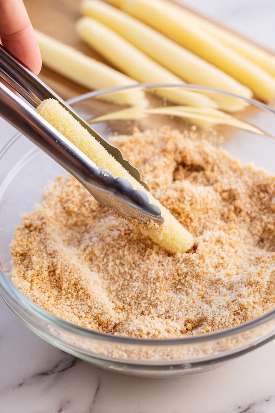 A close-up image shows two fingers pulling apart a long, golden brown breaded stick filled with melted white cheese stretching in the middle. The stick has a crispy, textured coating with small green garnish pieces on top. In the background, several similar breaded sticks lay on a white plate next to a white bowl filled with bright red dipping sauce, all placed on a white marbled surface. The photo taken with an iphone --ar 2:3 --v 7