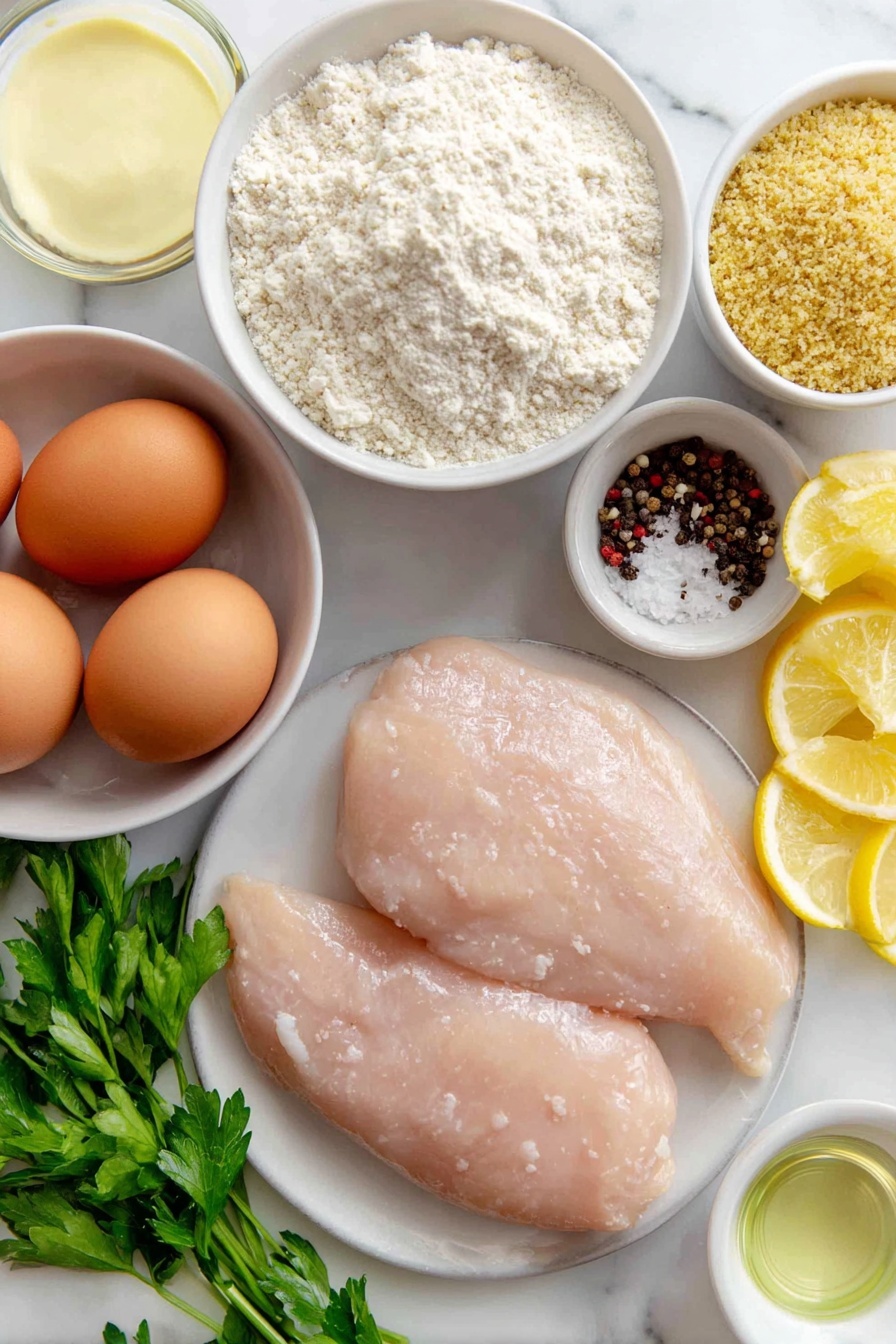Flat lay of boneless skinless chicken breasts with smooth, pale pink flesh, a small mound of fine all-purpose flour in a simple white ceramic bowl, a small white bowl filled with golden crispy panko breadcrumbs, four large whole brown eggs with clean shells, a small white bowl containing creamy pale yellow Dijon mustard, a few bright green sprigs of fresh parsley, several vibrant yellow lemon wedges arranged neatly on a white ceramic plate, a small white bowl holding clear vegetable oil, black peppercorns and coarse sea salt scattered symmetrically beside the bowls, all placed on a clean white marble surface, soft natural light, photo taken with an iPhone, professional food photography style, fresh ingredients, white ceramic bowls, no bottles, no duplicates, no utensils, no packaging --ar 2:3 --v 7 --p m7354615311229779997
