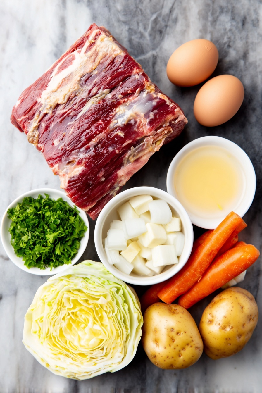 Flat lay of a fresh whole corned beef brisket with visible fat layer, a medium white onion cut into large chunks, a few peeled large orange carrots cut into 3-inch segments, several halved baby gold potatoes, thick wedges of green cabbage, a small handful of bright green chopped fresh parsley, two whole uncracked brown eggs, a small white ceramic bowl filled with low-sodium beef broth, another small white ceramic bowl holding minced garlic, a small white ceramic bowl of melted butter, and a small white ceramic bowl with coarse whole grain mustard, all arranged symmetrically and proportionally on a clean white marble surface, soft natural light, photo taken with an iPhone, professional food photography style, fresh ingredients, white ceramic bowls, no bottles, no duplicates, no utensils, no packaging --ar 2:3 --v 7 --p m7354615311229779997