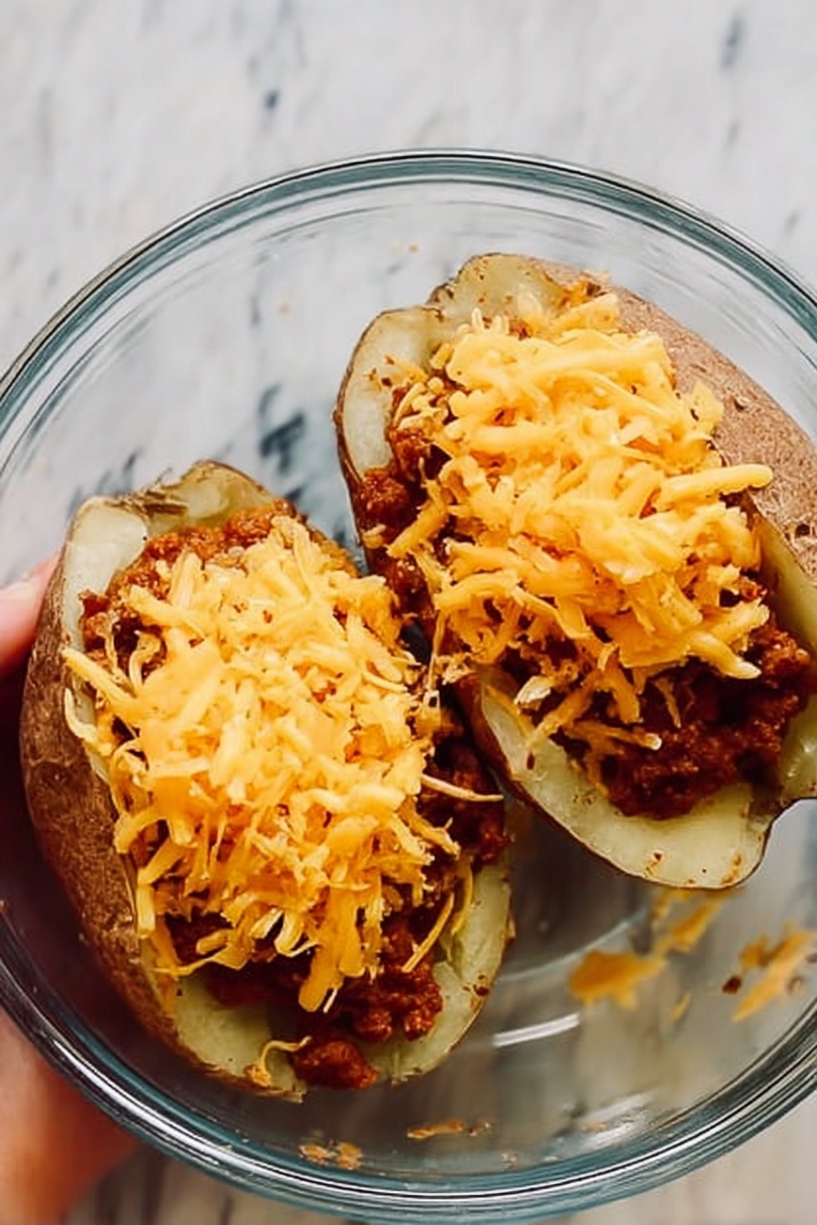 A large baked potato with a rough, brown skin is split open and filled with a mix of cooked ground meat, peas, and small carrot pieces, all topped with a melted layer of bright orange cheese that looks soft and shiny. The potato sits on a blue plate next to light green lettuce leaves and some small red tomato pieces. In the background, there is another plate with a similar stuffed baked potato, all placed on a white marbled surface. A woman’s hand lightly holds a fork next to the potato. Photo taken with an iphone --ar 2:3 --v 7