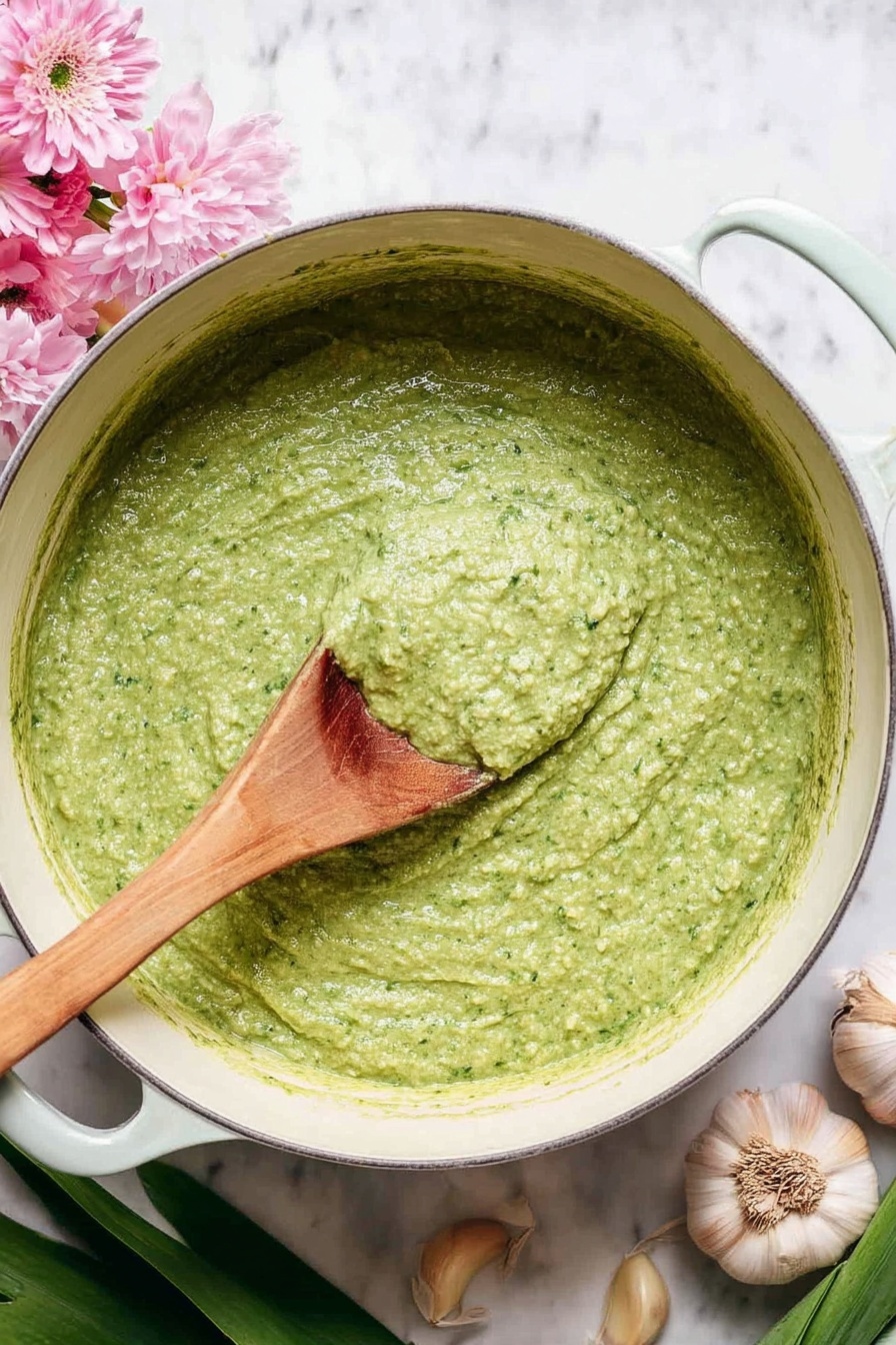 A close-up view of a large white pot filled with a thick, creamy, light green mixture that has a slightly textured surface, stirred by a wooden spoon resting inside. The pot is placed on a white marbled surface with pink flowers on the left side and garlic cloves and green leafy vegetables on the right side. The light green mixture fills the pot up to about three-quarters of its height, with the spoon lifting some of the mixture showing its dense but smooth texture. photo taken with an iphone --ar 2:3 --v 7