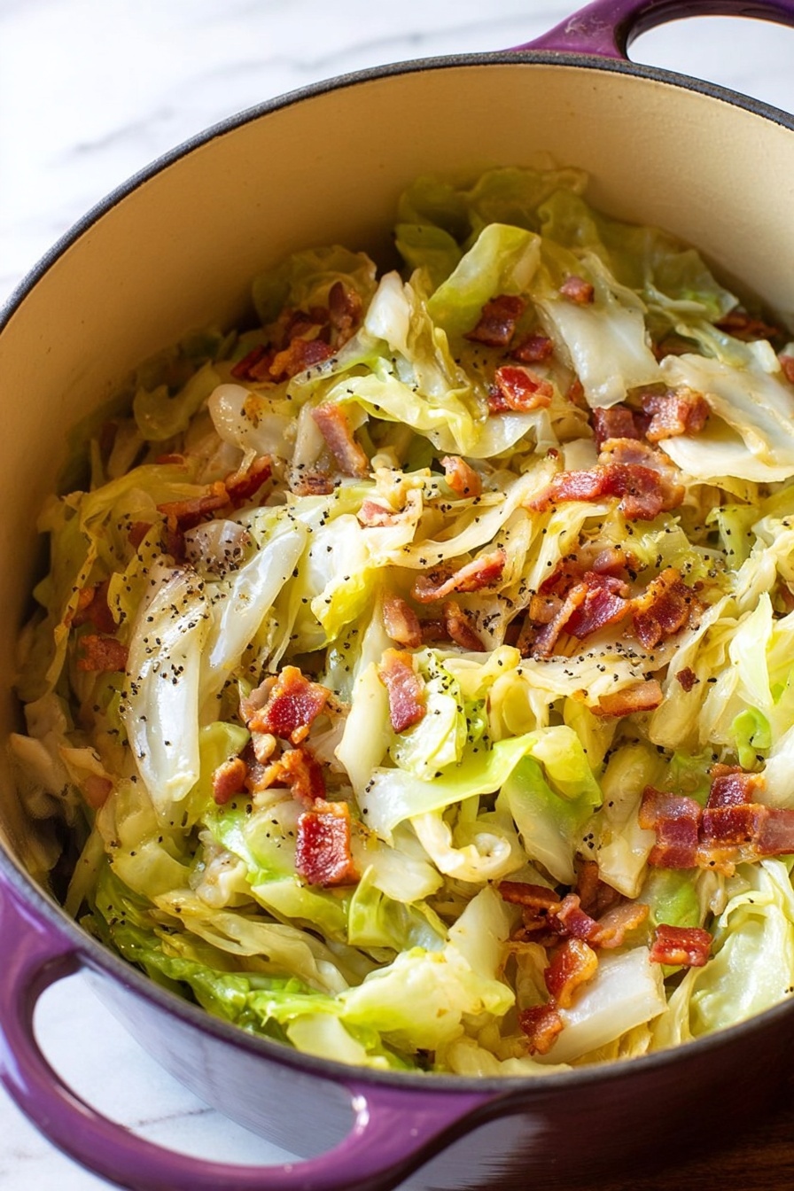 A close-up of a purple pot filled with cooked cabbage and bacon pieces. The cabbage layers are soft, light green and pale yellow with a slightly glossy texture, mixed with crispy, small, reddish-brown bacon strips scattered evenly throughout. Small black mustard seeds are sprinkled on top, adding texture variation, all inside the pot placed on a white marbled surface. Photo taken with an iphone --ar 2:3 --v 7