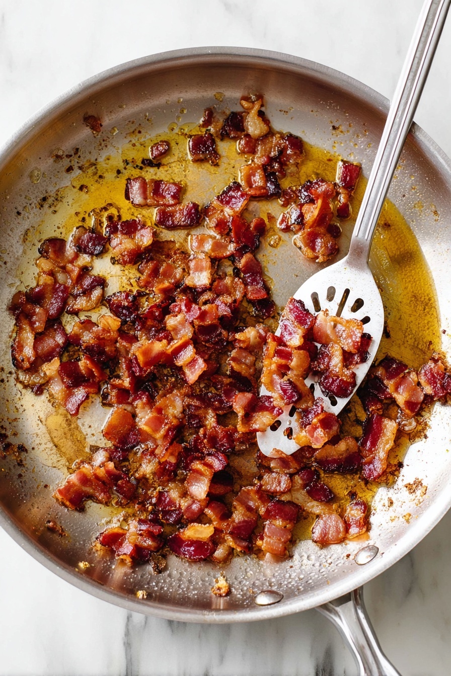 A close-up image shows a silver spoon lifted with a mix of cooked cabbage and reddish-brown pieces of bacon. The cabbage layers are pale green and soft with slight browning, showing a tender texture. The bacon pieces are crispy with a rich, deep reddish hue, mixed in with the cabbage. The spoon is held above a large white bowl filled with more of the same cabbage and bacon mixture, all in a warm, cozy setting. The background surface has a white marbled texture. Photo taken with an iphone --ar 2:3 --v 7