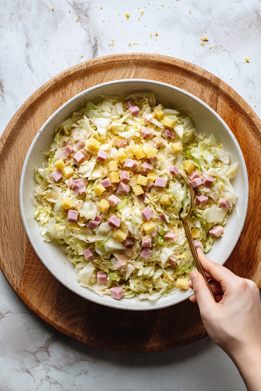 A white plate with a blue center holds several golden brown baked pockets with a crispy texture. One pocket is cut open to show three main layers inside: a thin, crispy outer crust, a thick middle layer of pink cured meat, and a bottom layer of shredded pale cabbage-like vegetable. Next to the pockets is a small silver cup filled with a creamy light orange dipping sauce with small green and orange flecks. In the background, there is a white marbled surface and a white and blue checkered cloth. Photo taken with an iphone --ar 2:3 --v 7