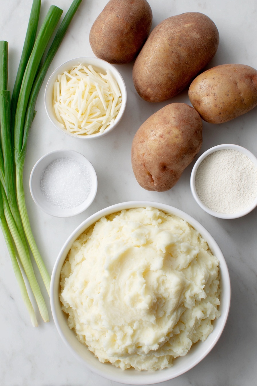 Flat lay of fresh whole russet potatoes with brown skin and earthy texture, a small mound of grated raw potato strands, a simple white ceramic bowl filled with smooth cold mashed potatoes, a small white bowl holding fine all-purpose flour, a small white bowl containing pale buttermilk, a small white bowl with coarse salt crystals, a small white bowl with white baking soda powder, and a few fresh green scallions loosely arranged nearby, placed on a clean white marble surface, soft natural light, photo taken with an iPhone, professional food photography style, fresh ingredients, white ceramic bowls, no bottles, no duplicates, no utensils, no packaging --ar 2:3 --v 7 --p m7354615311229779997