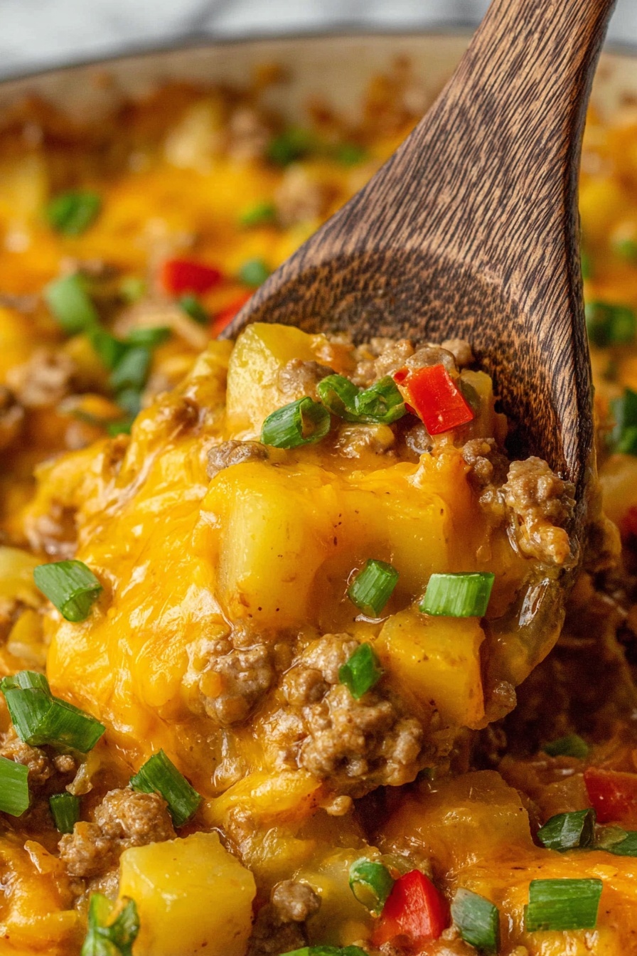 A close-up of a wooden spoon scooping a cheesy dish with melted orange cheese covering soft cooked ground meat and diced light yellow potatoes. Small green chopped pieces of fresh scallions and tiny red tomato bits are scattered on top and mixed throughout the dish, adding contrast. The texture is creamy and thick, with the cheese melting smoothly over the ingredients. The background is a white marbled surface. Photo taken with an iphone --ar 2:3 --v 7