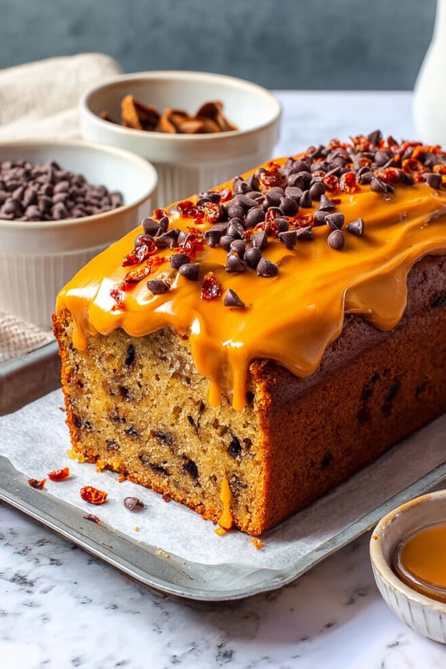 A loaf cake with two layers is shown on a silver tray over a white marbled surface. The bottom layer is a golden-brown bread filled with small dark spots, indicating chocolate chips or small chocolate pieces. The top layer is a thick orange frosting that is spread unevenly and dripping slightly down the side. The frosting is topped with scattered milk chocolate chips and some small red dried pieces, likely dried fruit. To the left and right of the tray are white bowls, one with a few dried pieces and the other filled with chocolate chips. The photo taken with an iphone --ar 2:3 --v 7