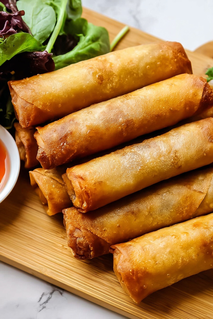 The image shows a stack of seven golden-brown spring rolls neatly arranged in two rows on a light wooden board. The spring rolls have a crispy texture with small bubbles and slight wrinkle patterns on their surface, indicating they are freshly fried. To the left of the spring rolls, there is a small bunch of mixed green leaves adding a fresh contrast with their dark and light green color. In the bottom corner, there is a white bowl with a reddish dipping sauce inside it. The background is a white marbled surface, enhancing the warm colors of the food. photo taken with an iphone --ar 2:3 --v 7