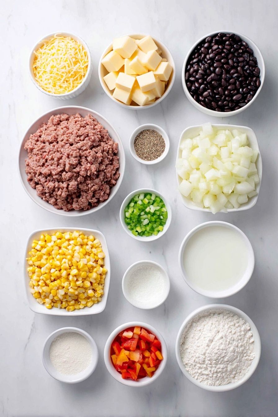 Flat lay of lean ground beef, cubed Velveeta cheese, grated sharp cheddar cheese, a finely chopped yellow onion, four small chopped potatoes, a diced red bell pepper with seeds removed, fresh whole corn kernels in a small white bowl, black beans rinsed in a small white bowl, chopped green chiles in a small white bowl, a small white bowl of low-sodium chicken broth, a small white bowl of whole milk, a small white bowl of all-purpose flour, a small white bowl of unsalted butter, garlic powder and cumin in small white bowls, placed on a clean white marble surface, soft natural light, photo taken with an iPhone, professional food photography style, fresh ingredients, white ceramic bowls, no bottles, no duplicates, no utensils, no packaging --ar 2:3 --v 7 --p m7354615311229779997