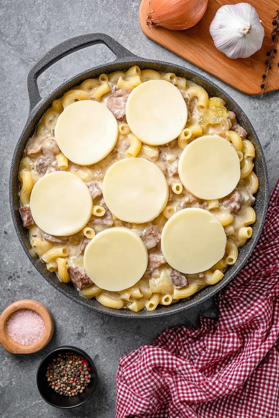 A white plate with a black rim holds a creamy macaroni dish with three main layers: the bottom layer consists of pale yellow macaroni pasta, the middle layer has sliced brown mushrooms mixed throughout, and the top layer is a creamy sauce that lightly coats the pasta and mushrooms, sprinkled with small chopped green herbs. The plate is set on a white marbled surface with a few mushrooms and a garlic bulb nearby, alongside a pan filled with the same macaroni dish topped with a golden, slightly browned cheese crust. A red and white checkered cloth with silver forks partially visible lies near the plate. Photo taken with an iphone --ar 2:3 --v 7