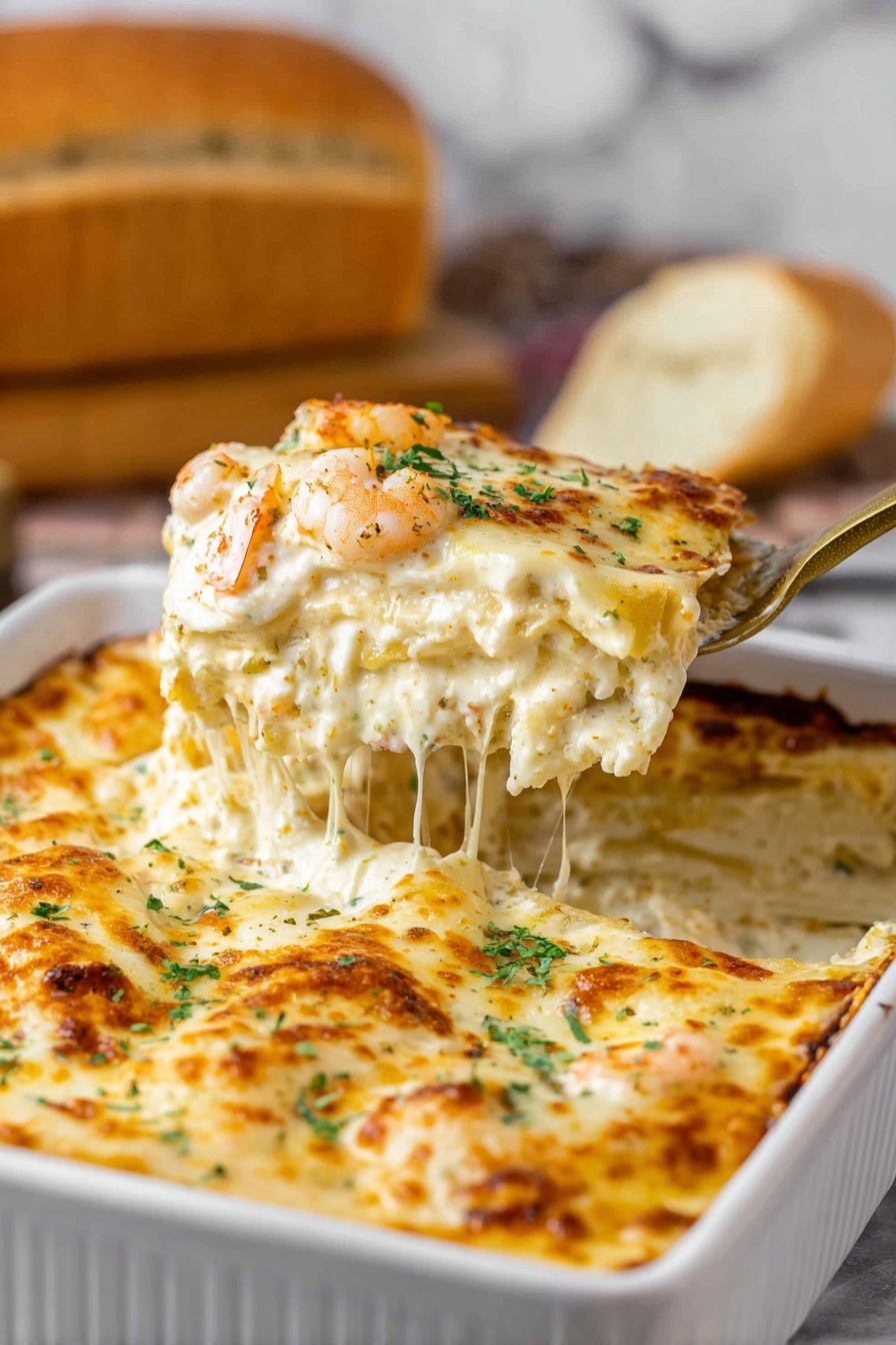 The image shows a white square baking dish filled with a creamy, cheesy baked pasta. The top layer is golden-brown melted cheese with small bits of green herbs sprinkled on top. A woman's hand is lifting a serving of the pasta, revealing multiple soft, creamy layers underneath with smooth white sauce mixed with pasta strands. The background features a blurred loaf of bread and the surface is a white marbled texture. photo taken with an iphone --ar 2:3 --v 7