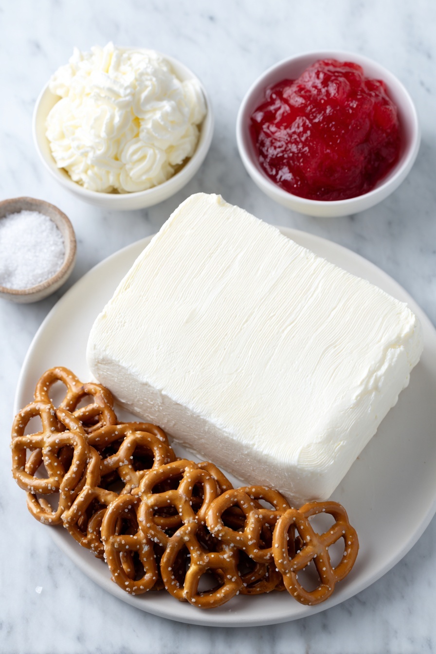 Flat lay of a block of softened cream cheese on a simple white ceramic plate, a small white bowl with granulated sugar, a tiny pinch of salt arranged as coarse grains on the side, a small white bowl filled with fluffy whipped topping, another small white bowl containing vibrant red strawberry pie filling, a neat pile of golden mini twist pretzels and pretzel crisps arranged symmetrically, all placed on a clean white marble surface, soft natural light, photo taken with an iPhone, professional food photography style, fresh ingredients, white ceramic bowls, no bottles, no duplicates, no utensils, no packaging --ar 2:3 --v 7 --p m7354615311229779997