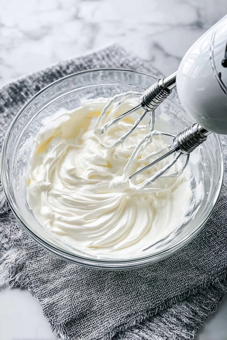A close-up image shows a woman's hand holding a pretzel piece dipped in a creamy white dip that has streaks of red jelly mixed in. The dip is spread in a shallow white bowl, with a thick layer of bright red jelly topping it unevenly, giving a glossy and smooth texture. The pretzel is golden-brown with visible salt grains, contrasting with the soft, swirled dip and jelly mix. The background has a white marbled texture, adding a clean look to the scene. Photo taken with an iphone --ar 2:3 --v 7