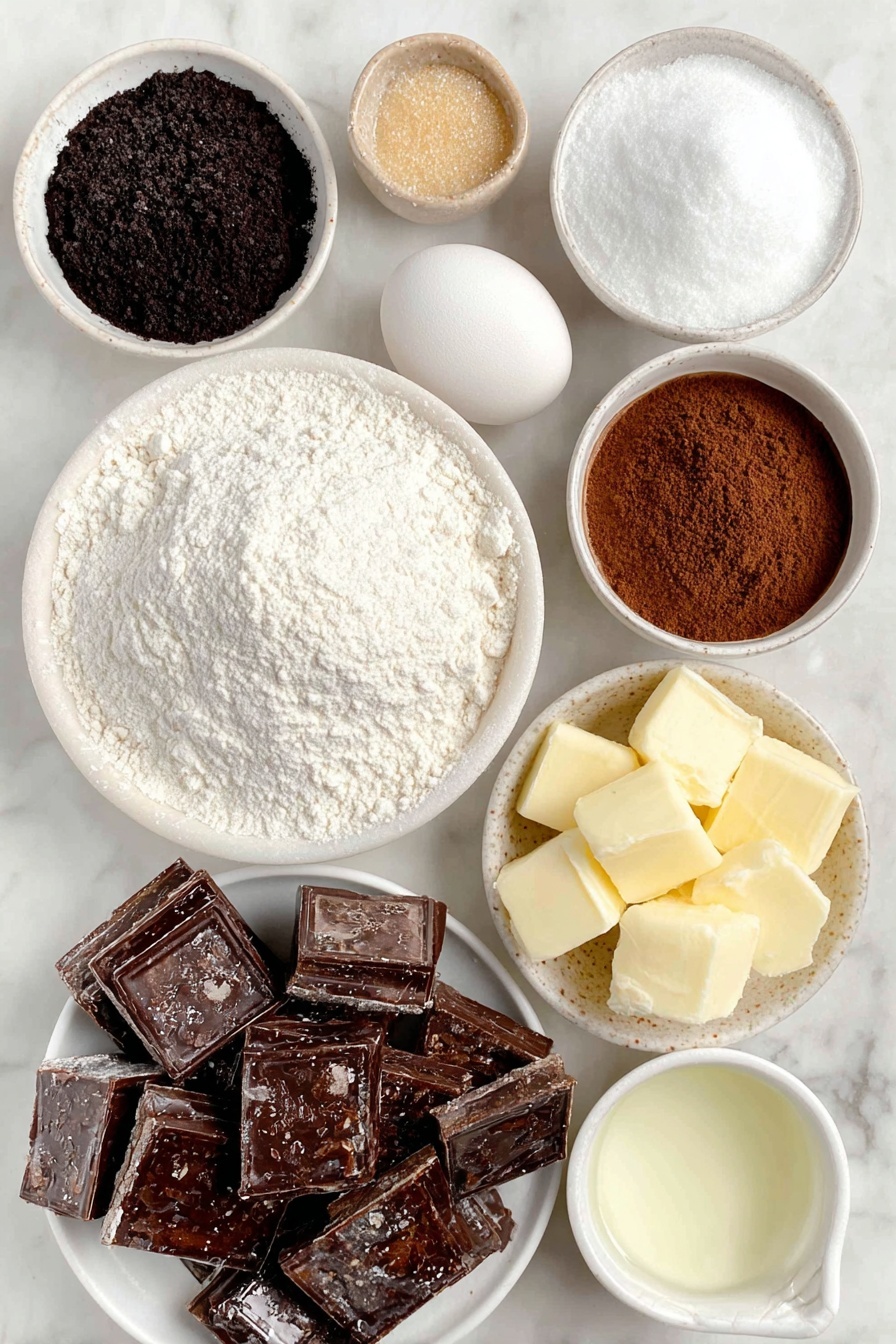 Flat lay of a small mound of all-purpose flour, a neat pile of black cocoa powder, a few teaspoons of baking powder and baking soda sprinkled separately, a small pinch of salt, a few tablespoons of unsalted butter cut into chunks, a small heap of light brown sugar, a small heap of granulated sugar, one large whole egg with a clean shell, a small white ceramic bowl of pure vanilla extract, a small white ceramic bowl of espresso powder, a rustic cluster of coarsely chopped homemade toffee pieces, a simple white ceramic bowl holding chunks of semisweet chocolate and milk chocolate side by side—all ingredients arranged symmetrically on a clean white marble surface, soft natural light, photo taken with an iPhone, professional food photography style, fresh ingredients, white ceramic bowls, no bottles, no duplicates, no utensils, no packaging --ar 2:3 --v 7 --p m7354615311229779997