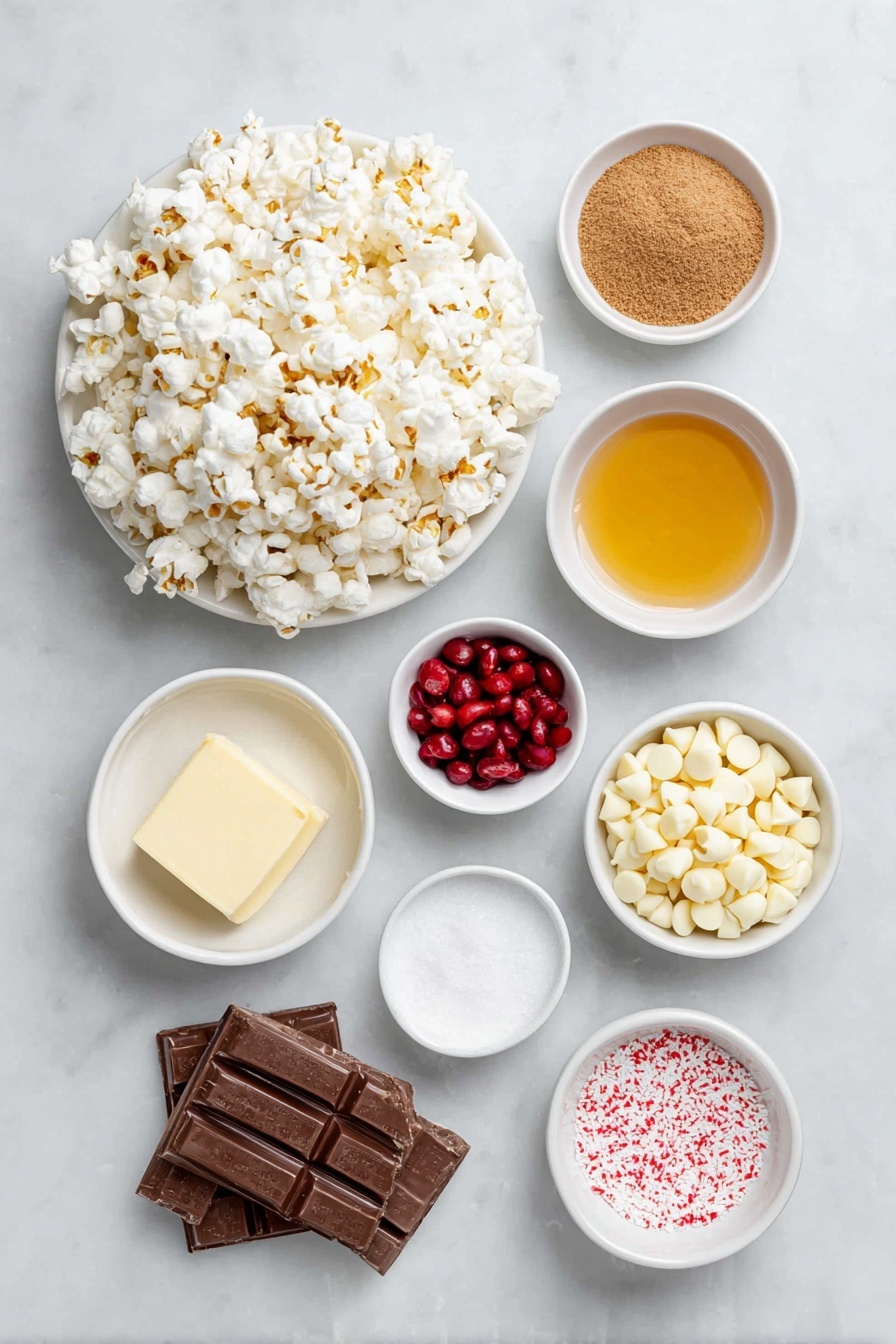 Flat lay of a large mound of fluffy popped popcorn, a small white ceramic bowl filled with golden melted butter, a small white ceramic bowl with granulated sugar, a small white ceramic bowl holding glossy light corn syrup, a small white ceramic bowl overflowing with vibrant red cinnamon candies, a tiny heap of fine white salt, a small white ceramic bowl containing white baking soda powder, a small white ceramic bowl brimming with smooth ivory white chocolate chips, and a delicate scattering of bright red sprinkles, all arranged in perfect symmetry on a clean white marble surface, soft natural light, photo taken with an iPhone, professional food photography style, fresh ingredients, white ceramic bowls, no bottles, no duplicates, no utensils, no packaging --ar 2:3 --v 7 --p m7354615311229779997