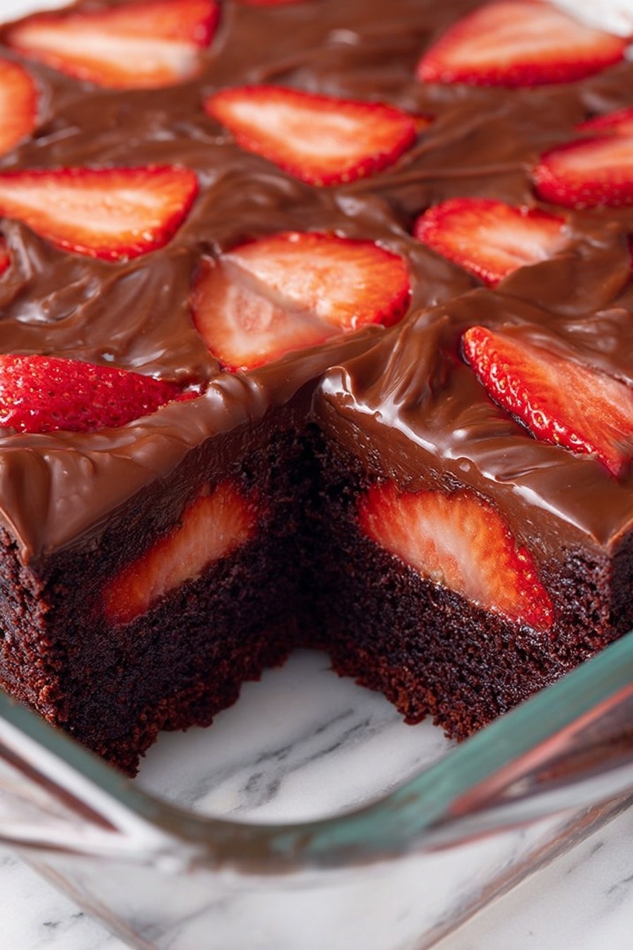 The image shows a square chocolate dessert in a clear glass dish on a white marbled surface. The dessert has three main layers: the bottom layer is dark brown and moist chocolate cake, the middle layer features fresh red strawberries cut in half, placed side by side with their bright red interiors facing outward, and the top layer is a thick, smooth, and glossy chocolate ganache with slight ripples, covering the strawberries and the cake evenly. One piece is missing from the dish, revealing the clean edges between the layers and the juicy strawberry slices in the middle. Photo taken with an iphone --ar 2:3 --v 7