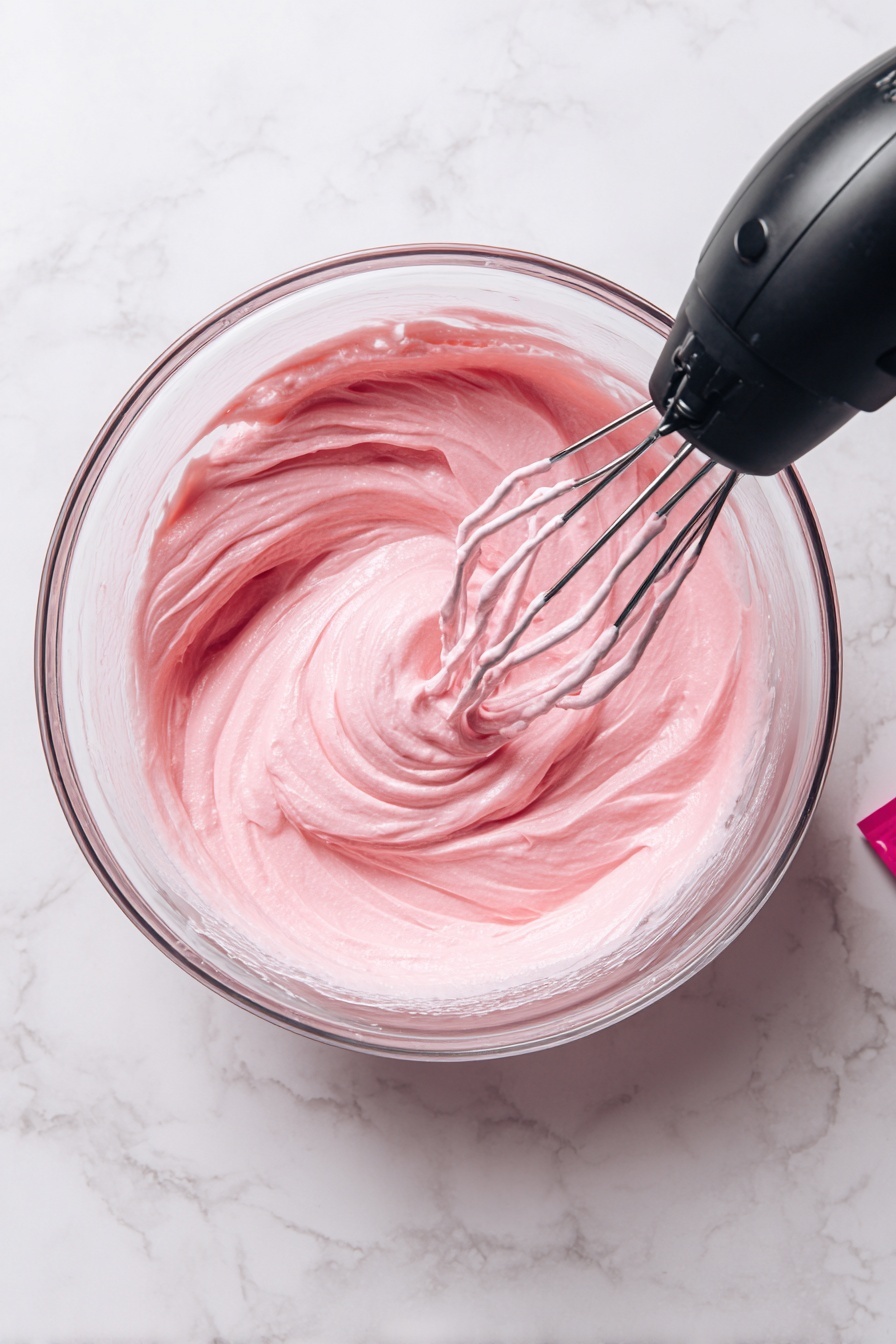 A single thick slice of pink mousse pie sits centered on a white plate, showing three layers: a crumbly light brown crust at the bottom, a thick and airy pink mousse filling in the middle with a smooth yet slightly porous texture, and a swirl of smooth white whipped cream on top. A bright red cherry with a long stem rests on the whipped cream, giving a bright pop of color. In the blurred background, there is another slice of the same pie and a bowl filled with cherries, all set on a white marbled surface. Photo taken with an iphone --ar 2:3 --v 7