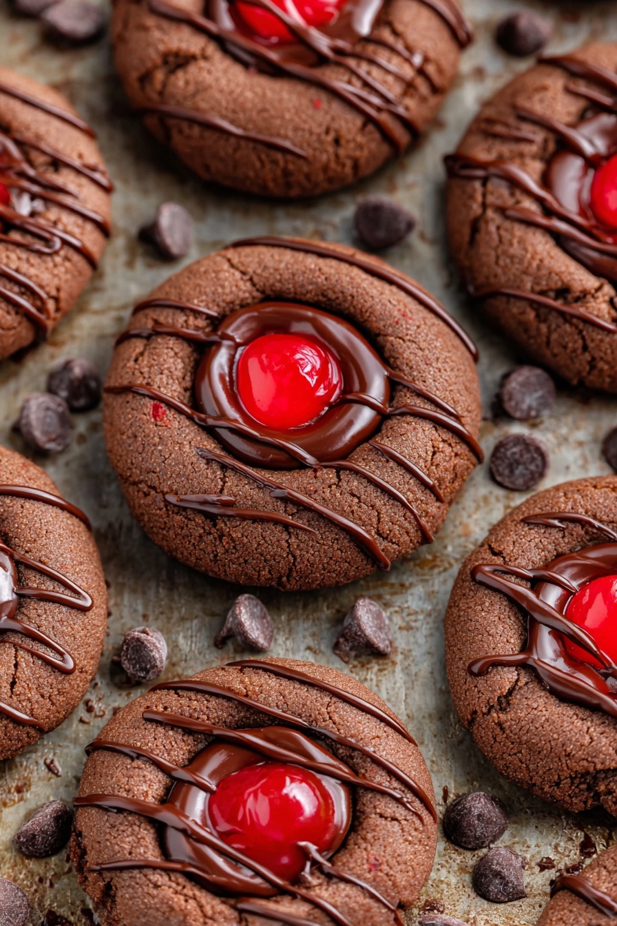 The image shows several round chocolate cookies with a soft texture, each having three layers: the base is a thick dark brown cookie, the middle layer is a glossy dark chocolate or chocolate ganache filling placed in the center, and the top layer is a bright red cherry placed in the middle of the filling. The cookies are decorated with thin lines of milk chocolate drizzled diagonally across the top. The cookies sit on a textured baking sheet with scattered dark chocolate chips around them. photo taken with an iphone --ar 2:3 --v 7
