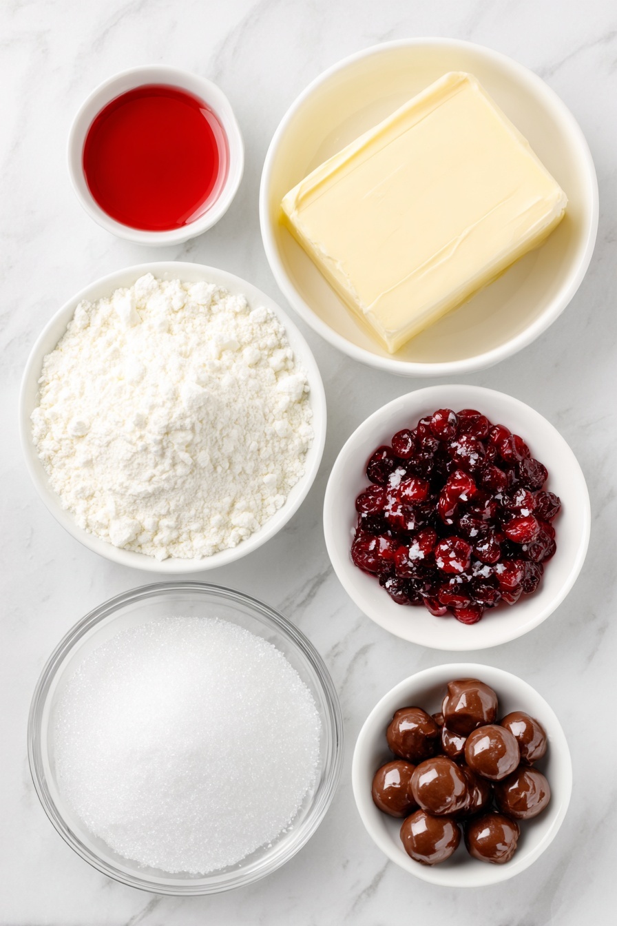 Flat lay of a stick of unsalted butter softened, a small white ceramic bowl filled with powdered sugar, a pinch of salt crystals scattered neatly, a small white ceramic bowl with vibrant red maraschino cherry juice, a tiny white bowl containing clear almond extract, a few drops of red liquid food coloring in a white ceramic dish, a simple mound of all-purpose flour, finely chopped bright red maraschino cherries piled loosely, a small white ceramic bowl of granulated sugar with sparkling crystals, and uncracked whole Hershey’s Kisses chocolates arranged symmetrically, placed on a clean white marble surface, soft natural light, photo taken with an iPhone, professional food photography style, fresh ingredients, white ceramic bowls, no bottles, no duplicates, no utensils, no packaging --ar 2:3 --v 7 --p m7354615311229779997