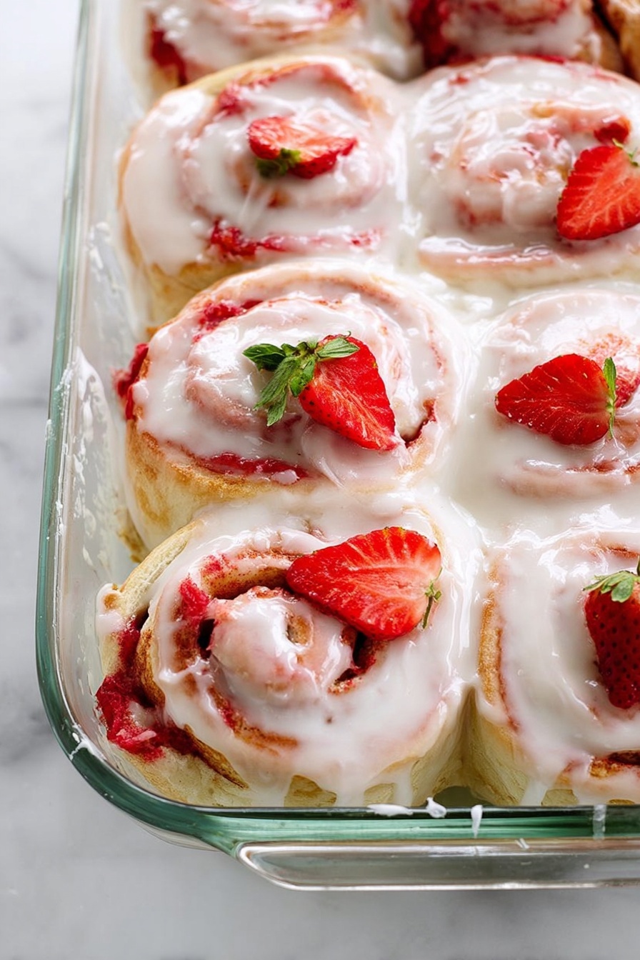 A clear white glass tray holds eight strawberry rolls covered in thick white icing that looks creamy and smooth. Each roll has two visible layers: a light tan dough layer rolled tightly with a bright red strawberry filling, evenly swirled visible from above. The icing spreads over the rolls, glowing slightly wet and shiny, and some slices of fresh red strawberries with green leaves decorate the top. The tray sits on a white marbled surface. Photo taken with an iphone --ar 2:3 --v 7