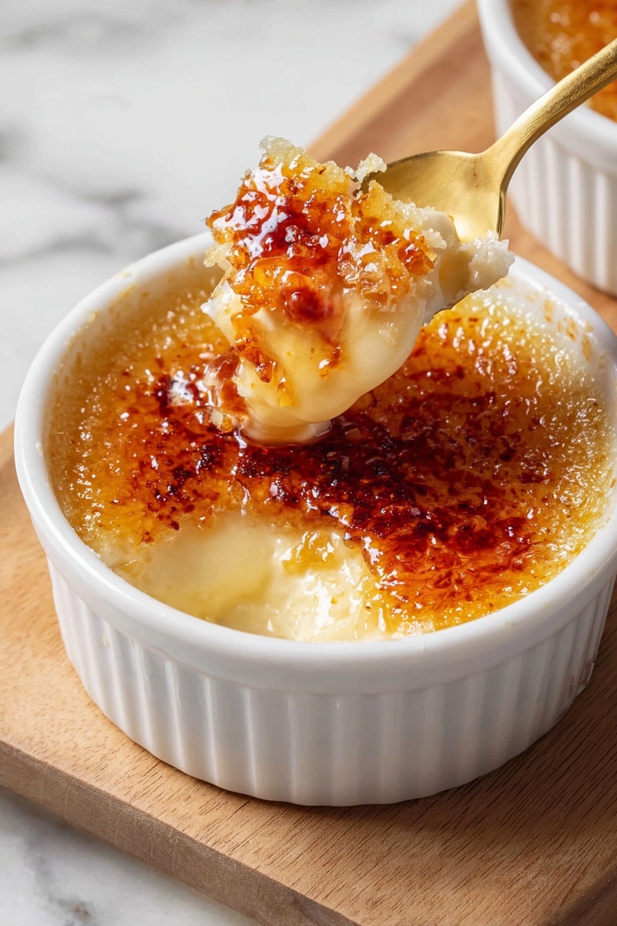 A white ceramic ramekin filled with crème brûlée, showing three layers: a thin, caramelized golden-brown sugar crust on top with a slightly cracked texture, beneath it a creamy, pale yellow custard layer visible where a spoon has scooped it out. A gold spoon is lifting a scoop with remnants of the crispy caramel crust sticking to the smooth, thick custard. The ramekin is placed on a light wooden board, and the surface beneath the board has a white marbled texture. Photo taken with an iphone --ar 2:3 --v 7
