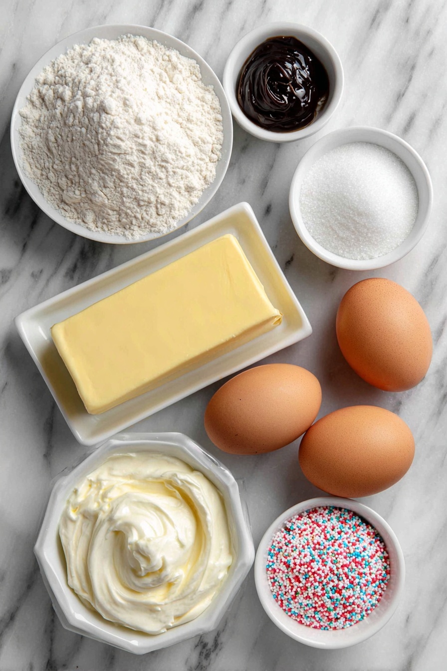 Flat lay of a small mound of all-purpose flour, a small pile of fine sea salt, a small mound of baking powder, a stick of unsalted European butter at cool room temperature, a small heap of granulated sugar, two whole large brown eggs with clean uncracked shells, a small white ceramic bowl with heavy cream, a small white ceramic bowl of vanilla bean paste, a small white ceramic bowl with bright red gel food coloring, and a small white ceramic bowl filled with pink and white jimmie sprinkles, all arranged in perfect symmetry on a clean white marble surface, soft natural light, photo taken with an iPhone, professional food photography style, fresh ingredients, white ceramic bowls, no bottles, no duplicates, no utensils, no packaging --ar 2:3 --v 7 --p m7354615311229779997