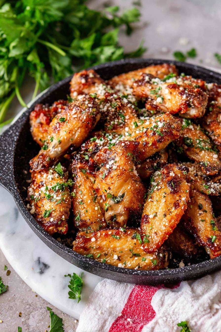A black round pan filled with many golden brown chicken wings with a crispy texture and sprinkled with white grated cheese and small green herb bits, resting on a white marbled surface. Some green parsley leaves are scattered on the chicken wings and around the pan. A white cloth with red stripes is partly visible at the bottom right corner. The background shows a bunch of fresh green herbs blurred out. Photo taken with an iphone --ar 2:3 --v 7