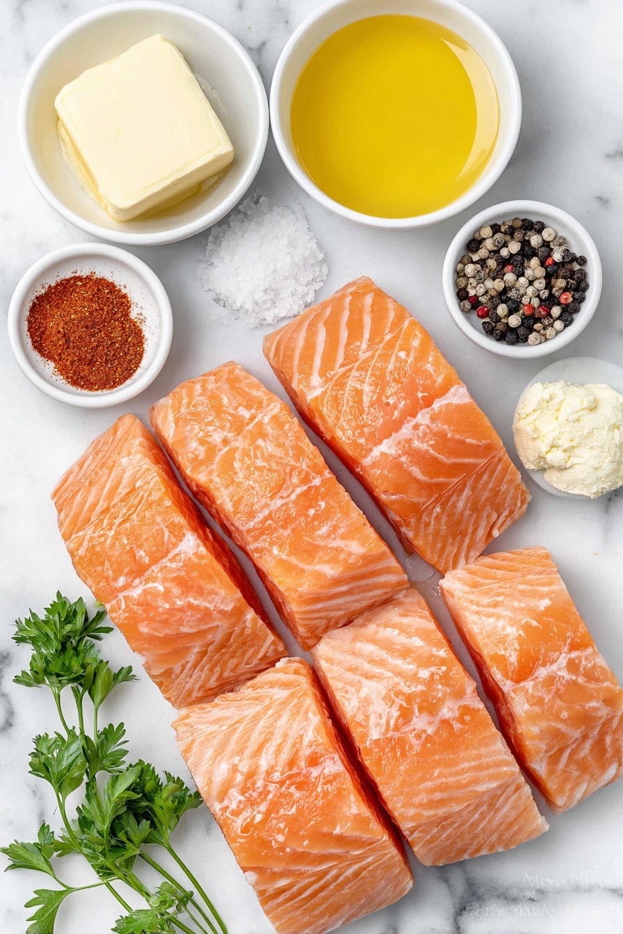 Flat lay of fresh cubed salmon pieces, a small pile of paprika powder, a small pile of garlic powder, a small pile of onion powder, coarse kosher salt crystals, whole black peppercorns, two tablespoons of extra virgin olive oil in a small white ceramic bowl, unsalted butter in a small white ceramic bowl, hot honey in a small white ceramic bowl, and a few sprigs of fresh chopped parsley, all arranged symmetrically on a clean white marble surface, soft natural light, photo taken with an iPhone, professional food photography style, fresh ingredients, white ceramic bowls, no bottles, no duplicates, no utensils, no packaging --ar 2:3 --v 7 --p m7354615311229779997