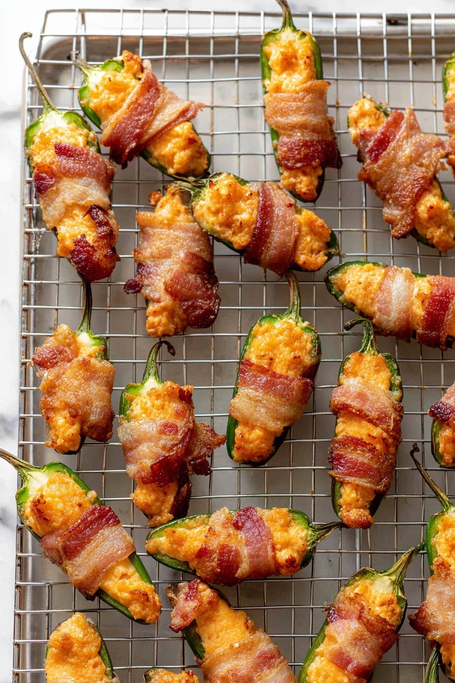 This image shows many small green jalapeño peppers sliced in half lengthwise, filled with an orange, creamy cheese mixture. Each pepper is wrapped with one strip of cooked bacon with a slightly crispy texture, held in place by small wooden toothpicks. The peppers are arranged evenly on a silver wire rack, which sits on a white marbled surface. The cheese filling has a slightly browned, crusty top, and the bacon varies in color from light pink to dark brown where it is more cooked. photo taken with an iphone --ar 2:3 --v 7