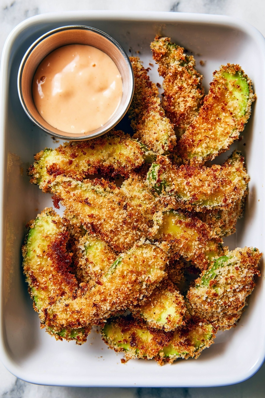 The image shows a white rectangular tray filled with crispy avocado slices coated in a golden breadcrumb crust. The avocado pieces have a rough, crunchy texture with a mix of light and dark brown colors on the outside, while the inside flesh peeks through in green shades. A small silver cup with a smooth, creamy, light orange dipping sauce sits in the top left corner of the tray. The tray rests on a white marbled surface. photo taken with an iphone --ar 2:3 --v 7