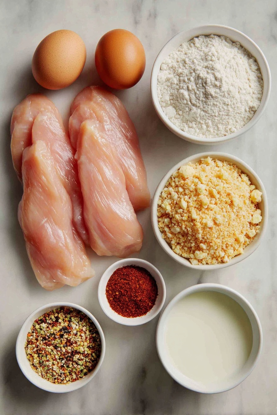 Flat lay of fresh raw chicken breast tenders arranged neatly beside a large whole uncracked brown egg, a small white ceramic bowl holding plain white flour, another small white bowl filled with pale golden plain bread crumbs, a small white bowl containing vibrant everything bagel seasoning blend with visible sesame seeds, poppy seeds, dried garlic, and onion flakes, a small white bowl of rich red paprika powder, a small white bowl with creamy white milk, all placed symmetrically on a clean white marble surface, soft natural light, photo taken with an iPhone, professional food photography style, fresh ingredients, white ceramic bowls, no bottles, no duplicates, no utensils, no packaging --ar 2:3 --v 7 --p m7354615311229779997