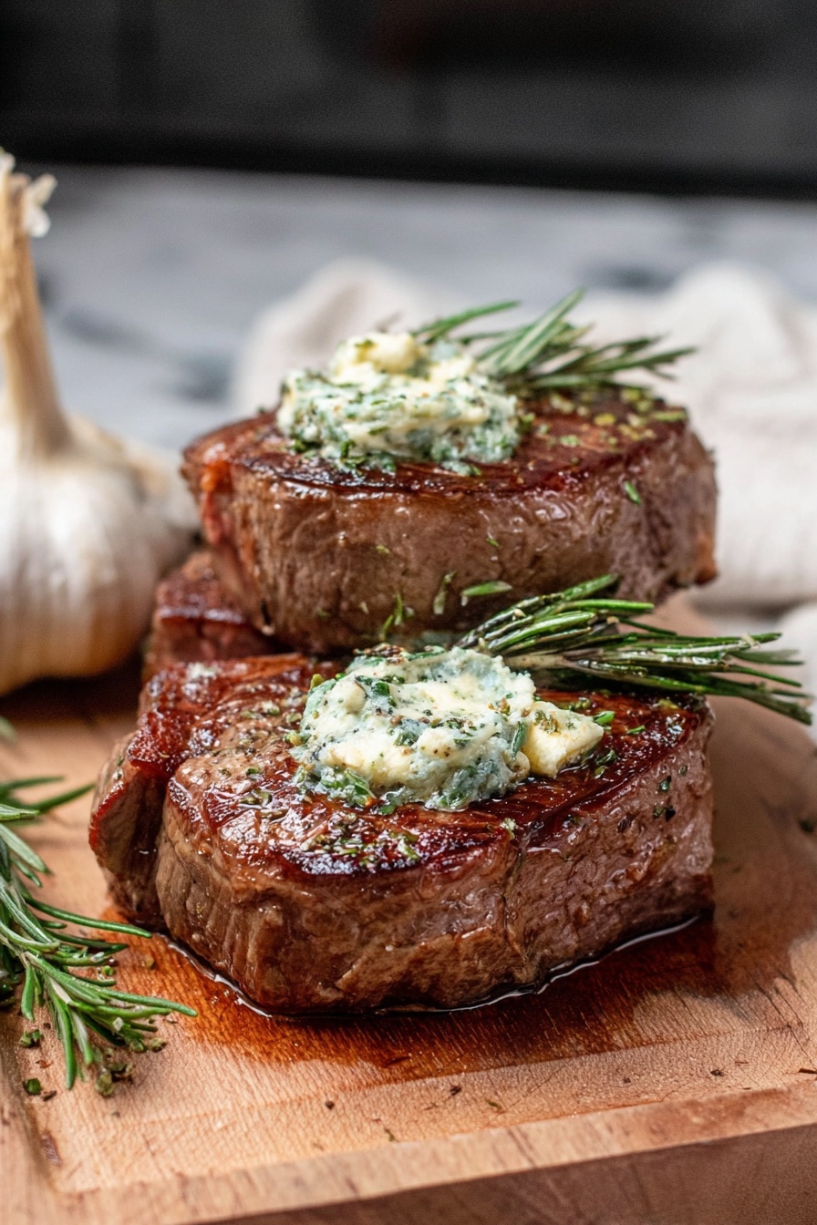 Two thick, juicy steak pieces sit stacked on a wooden board with a glossy, well-cooked brown surface. Each steak has a dollop of pale, herb-filled butter melting on top, mixed with bits of green herbs. Fresh sprigs of rosemary rest on the butter, adding a touch of green. The background shows another garlic bulb and a soft white cloth, all placed against a white marbled texture. The lighting makes the steaks look moist and tender. Photo taken with an iphone --ar 2:3 --v 7