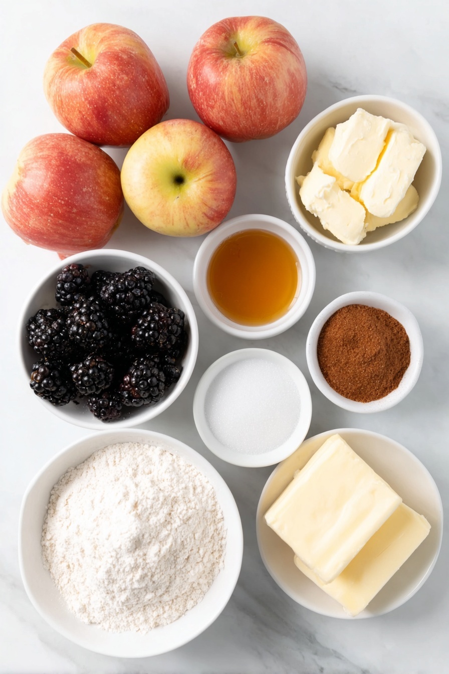 Flat lay of peeled and chopped medium cooking apples, fresh blackberries, a small pile of golden caster sugar, a tablespoon of cornflour in a small white ceramic bowl, a small white bowl with honey, a small white bowl with ground cinnamon, two sheets of smooth shortcrust pastry, a whole uncracked egg with a clean shell, a small white bowl with caster sugar placed on a clean white marble surface, soft natural light, photo taken with an iPhone, professional food photography style, fresh ingredients, white ceramic bowls, no bottles, no duplicates, no utensils, no packaging --ar 2:3 --v 7 --p m7354615311229779997