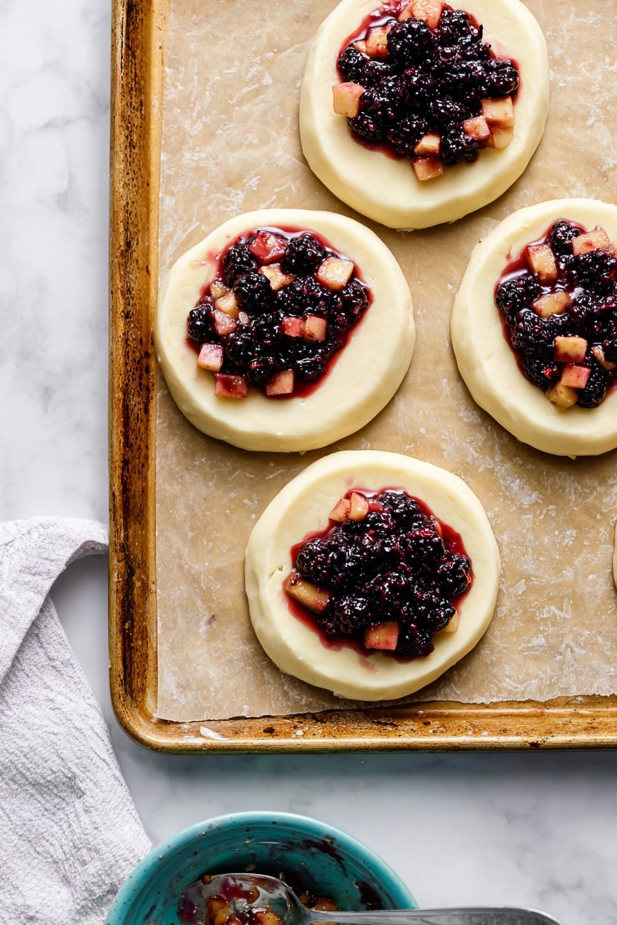 A small round pie with a golden-brown crust sits in the middle of a white plate with ridged edges, partially open showing its dark red and purple berry filling with chunks of red fruit inside. The top layer is dusted with white sugar, and to the side is a small drizzle of berry juice mixed with white cream and a few whole blackberries. A silver fork rests on the plate near the bottom left, and in the blurry background, a green apple and cinnamon sticks are visible on a white marbled surface. photo taken with an iphone --ar 2:3 --v 7
