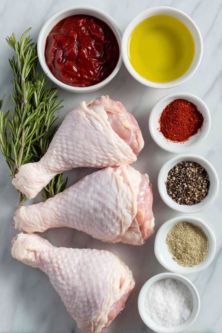 Flat lay of two whole raw chicken drumsticks with natural skin texture, a few sprigs of fresh green rosemary, a small white ceramic bowl filled with vibrant red BBQ sauce, a small white ceramic bowl containing golden olive oil, six small white ceramic bowls each with a different finely ground spice powders including deep red chili powder, bright white salt crystals, black peppercorns crushed into powder, pale beige garlic powder, rich red smoked paprika, and light tan onion powder, all symmetrically arranged, placed on a clean white marble surface, soft natural light, photo taken with an iPhone, professional food photography style, fresh ingredients, white ceramic bowls, no bottles, no duplicates, no utensils, no packaging --ar 2:3 --v 7 --p m7354615311229779997