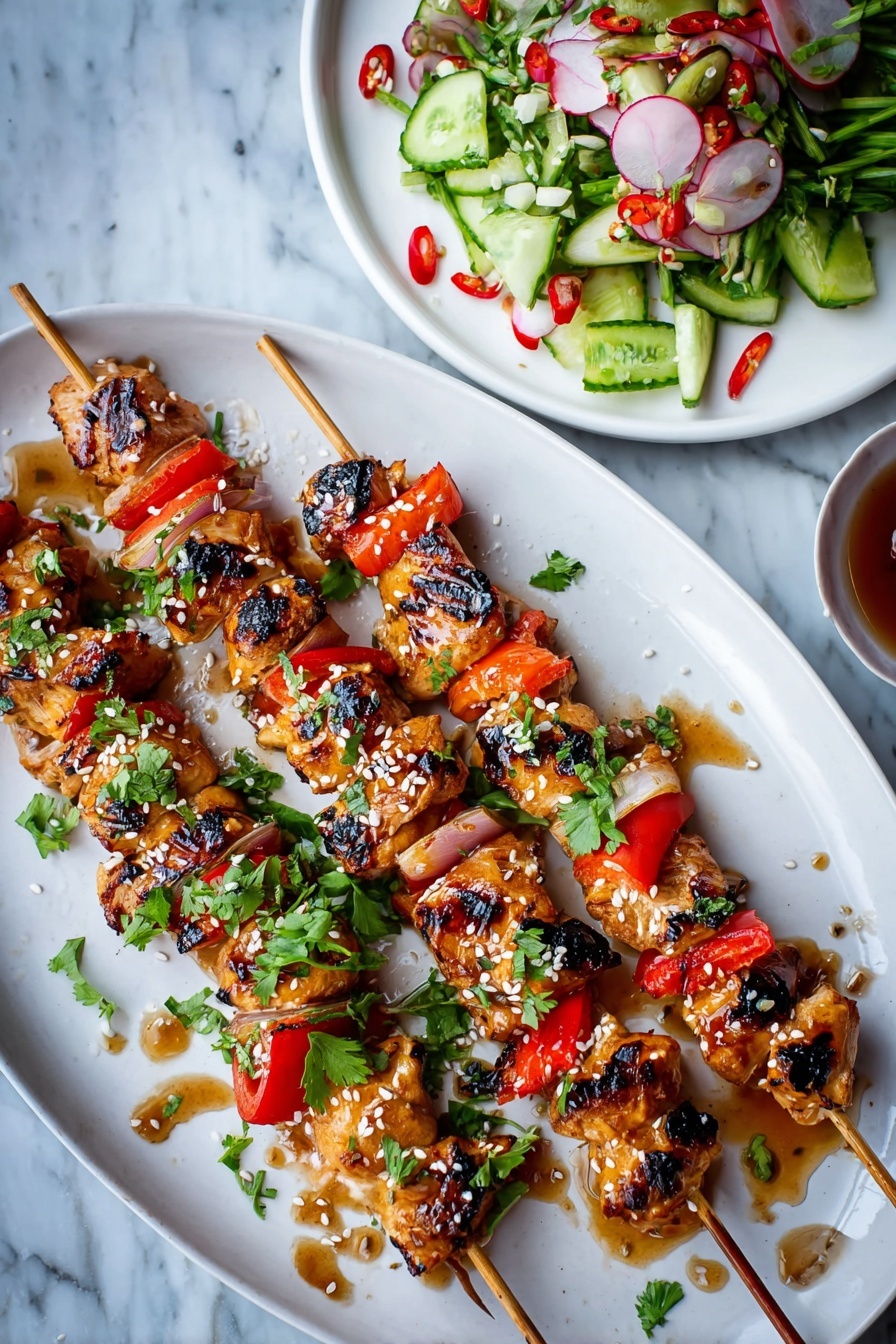 There are five wooden skewers laid diagonally on a white oval plate, each skewer filled with grilled pieces of golden brown chicken with dark grill marks, red bell pepper chunks, and light yellow onion slices, all sprinkled with small white sesame seeds and green chopped cilantro leaves. There are small pools of sauce and some cilantro leaves scattered on the plate. In the top right corner, a round white plate holds a fresh salad made of sliced green cucumbers, thin red onion strips, radish slices, chopped green beans, and red chili rings. The background shows a white marbled texture. photo taken with an iphone --ar 2:3 --v 7