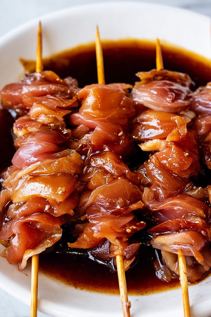 The image shows several grilled skewers on a white plate, each skewer with three main layers repeated: large chunks of dark brown grilled chicken with char marks and a shiny glaze, bright red bell pepper pieces with a smooth texture, and translucent white onion layers with light browning. Each skewer is sprinkled with white sesame seeds and small green cilantro leaves. The background is a white marbled surface, and light sauce drips are visible on the plate. Photo taken with an iphone --ar 2:3 --v 7