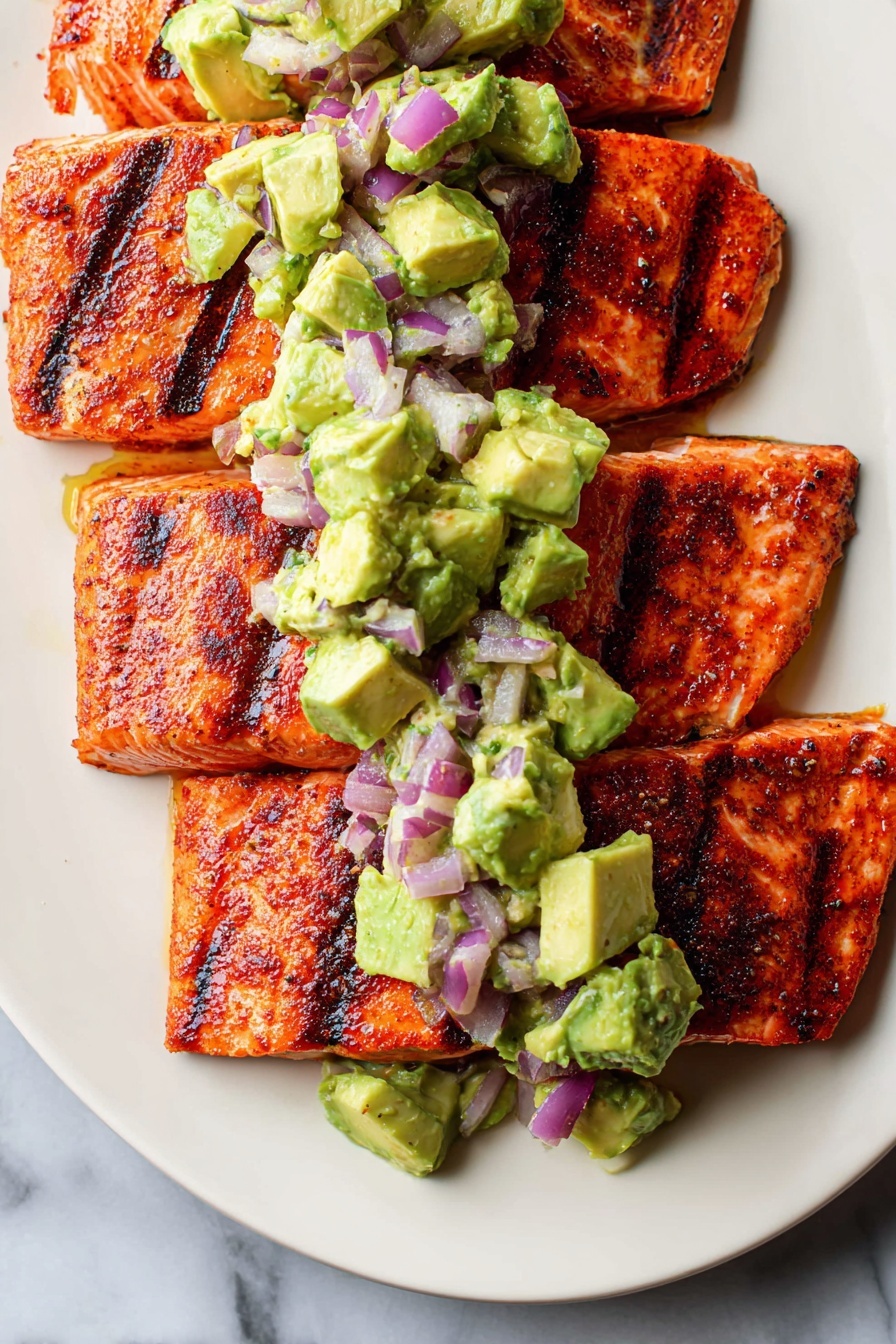 The dish shows three large pieces of grilled salmon with a reddish-orange color and dark grill marks, placed close together on a white plate. On top of the salmon, there is a chunky mixture of avocado and red onion pieces, which are light green and purple respectively, piled along the center of the salmon. The salmon has a slightly flaky texture at the edges where it has been separated. The plate sits on a white marbled surface. photo taken with an iphone --ar 2:3 --v 7