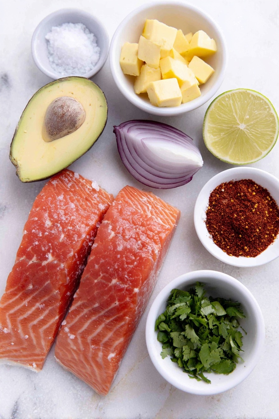 Flat lay of two fresh salmon fillets with skin on, a halved ripe avocado with cubed flesh visible, half a small red onion sliced thinly, two whole bright green limes, a small white ceramic bowl of golden olive oil, a small white ceramic bowl with coarse kosher salt, a small white ceramic bowl with a vibrant mix of ground ancho chili powder, ground cumin, ground paprika, onion powder, and ground black pepper, and a small white ceramic bowl filled with fresh chopped cilantro leaves—all arranged in perfect symmetry, placed on a clean white marble surface, soft natural light, photo taken with an iPhone, professional food photography style, fresh ingredients, white ceramic bowls, no bottles, no duplicates, no utensils, no packaging --ar 2:3 --v 7 --p m7354615311229779997