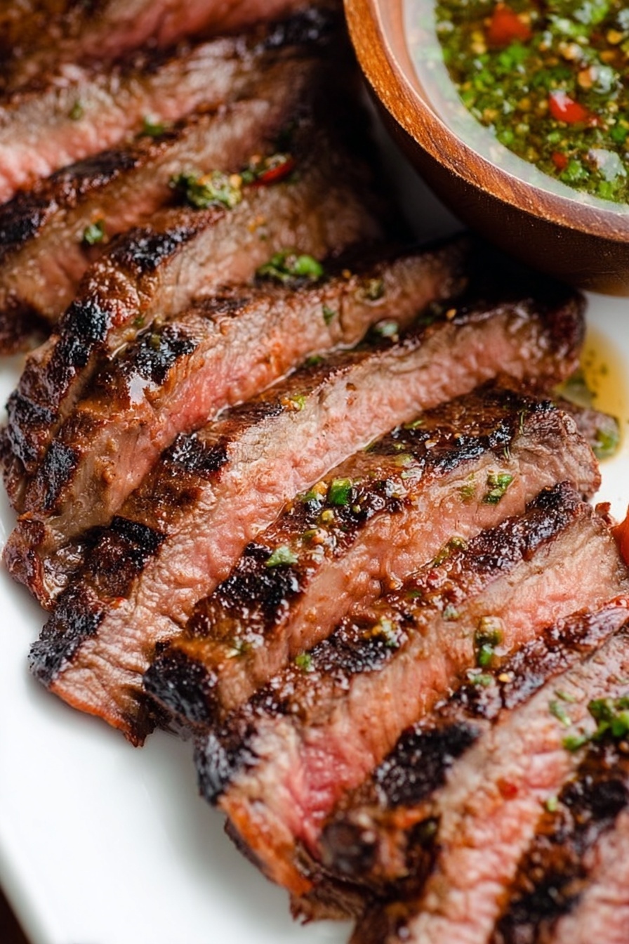 Sliced steak arranged in a slightly curved line on a white plate, showing layers of browned, grilled edges and juicy pink meat inside with a textured, slightly charred surface, small pepper flakes and seasoning visible on top; on the right edge, a glimpse of a wooden bowl with green sauce that has a slightly oily, chunky texture with bits of red and green. photo taken with an iphone --ar 2:3 --v 7