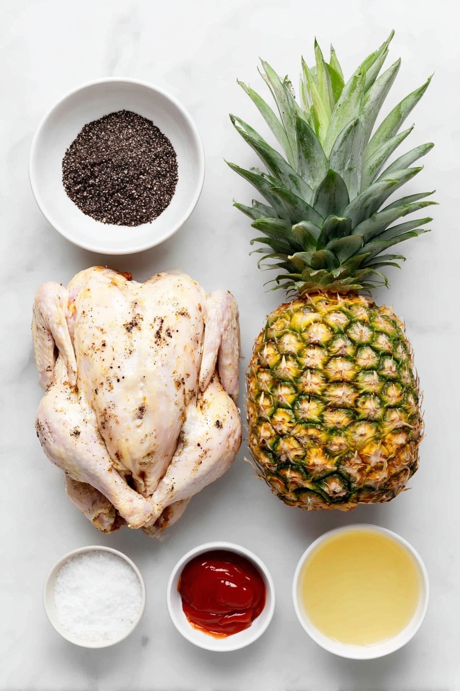 Flat lay of a whole spatchcocked chicken halved, a fresh whole pineapple with green spiky leaves, a small white ceramic bowl filled with dark brown sugar, a small white ceramic bowl of bright red ketchup, a small white ceramic bowl of kosher salt crystals, a small white ceramic bowl of ground black pepper, and a small white ceramic bowl filled with golden pineapple juice, all arranged in perfect symmetry on a clean white marble surface, soft natural light, photo taken with an iPhone, professional food photography style, fresh ingredients, white ceramic bowls, no bottles, no duplicates, no utensils, no packaging --ar 2:3 --v 7 --p m7354615311229779997