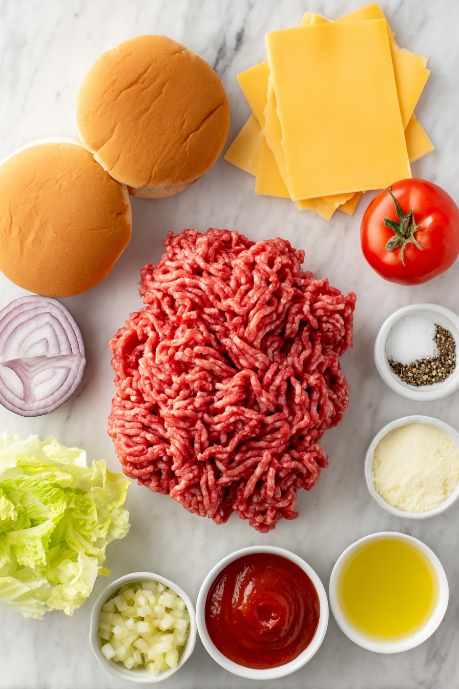 Flat lay of a mound of fresh ground beef, whole uncracked brown eggs, a few crisp green lettuce leaves, several thick slices of ripe red tomato, a few rings of vibrant purple-red onion, a couple of soft golden hamburger buns, a small white ceramic bowl of creamy mayonnaise, a small white ceramic bowl of bright red ketchup, a small white ceramic bowl of chunky green pickle relish, a small white ceramic bowl of extra virgin olive oil, a small white ceramic bowl of coarse kosher salt, a small white ceramic bowl of freshly ground black pepper, a small white ceramic bowl of pale garlic powder, several slices of smooth yellow American cheese, all arranged symmetrically on a simple white ceramic surface, placed on a clean white marble surface, soft natural light, photo taken with an iPhone, professional food photography style, fresh ingredients, white ceramic bowls, no bottles, no duplicates, no utensils, no packaging --ar 2:3 --v 7 --p m7354615311229779997